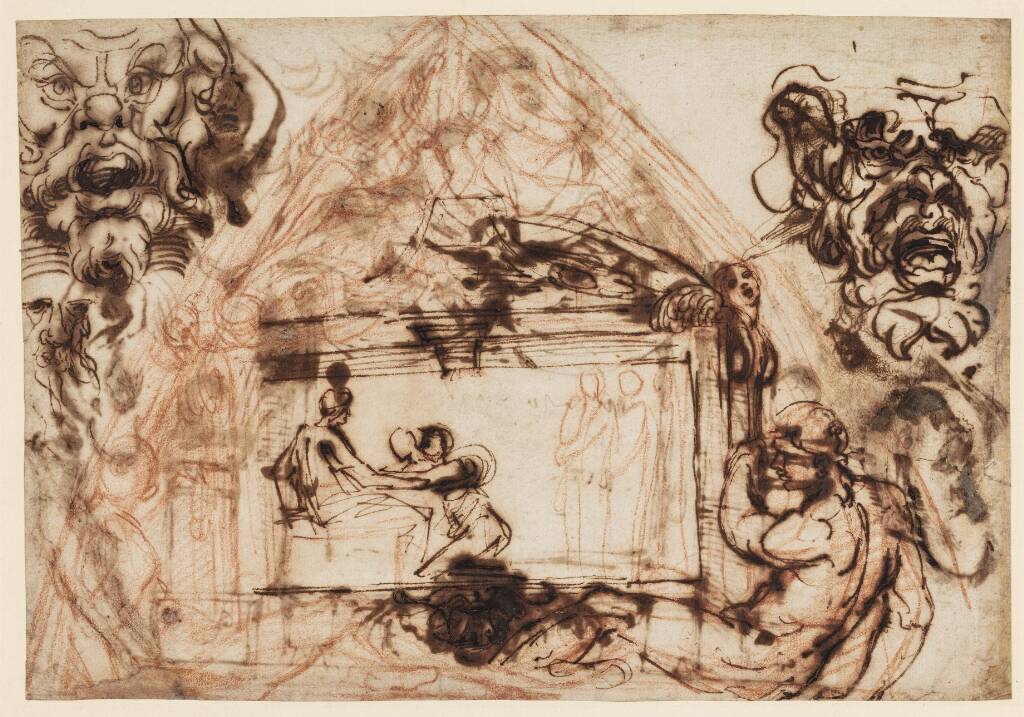 Udkast til udsmykning af en hvælvkappe flankeret af tre mascheroni, Annibale Carracci, 1594-1600