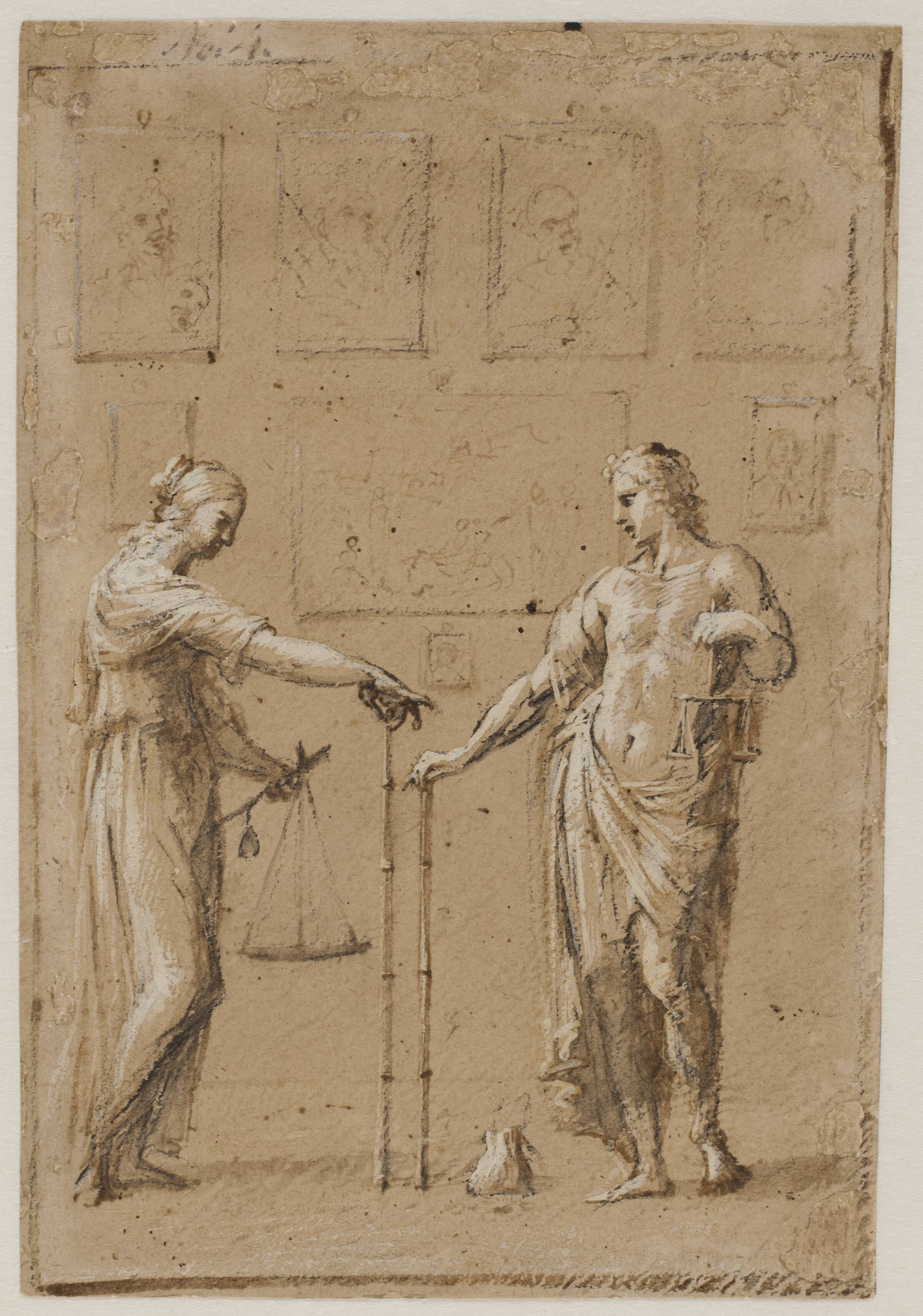 En mand og en kvinde i antikke dragter, hver med en vægt og en lineal, stående foran en væg med malerier. På gulvet foran manden ligger en pung, Giovanni Angelo Canini, 1612-1666