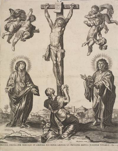 Kristus på korset, omgivet af Jomfru Maria, Maria Magdalene, Johannes Døberen og fire engle