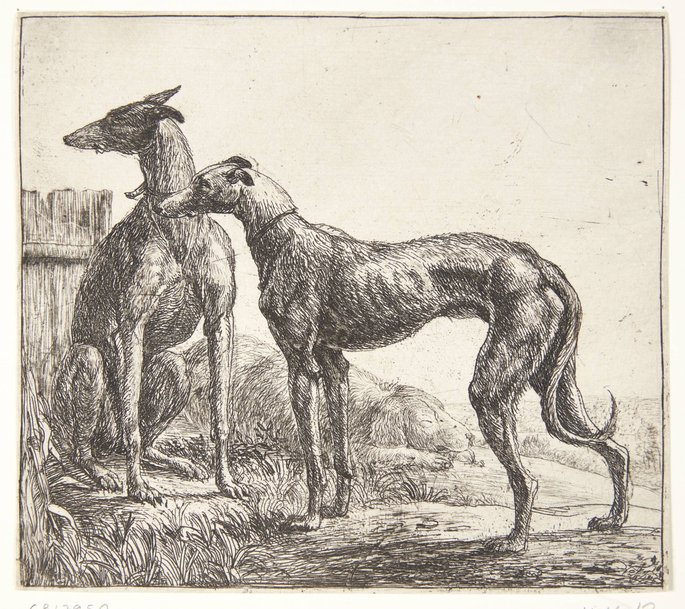 To mynder og en sovende hund, Simon de Vlieger, 1600-1653