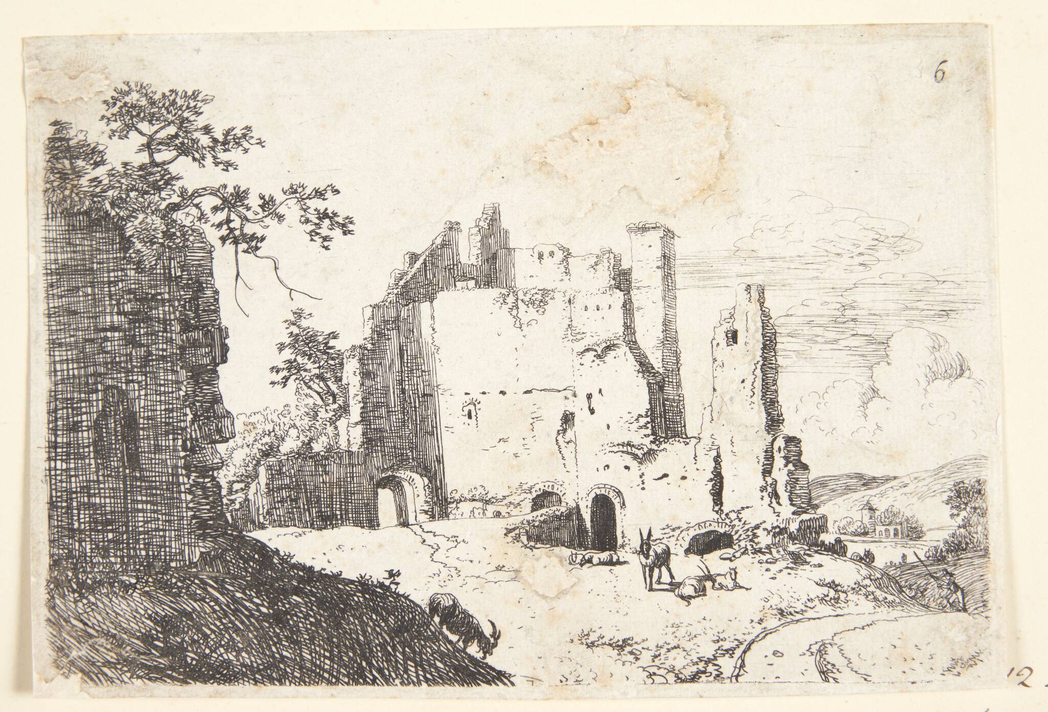 Landskab med en ruin og geder, t.h. en hyrde