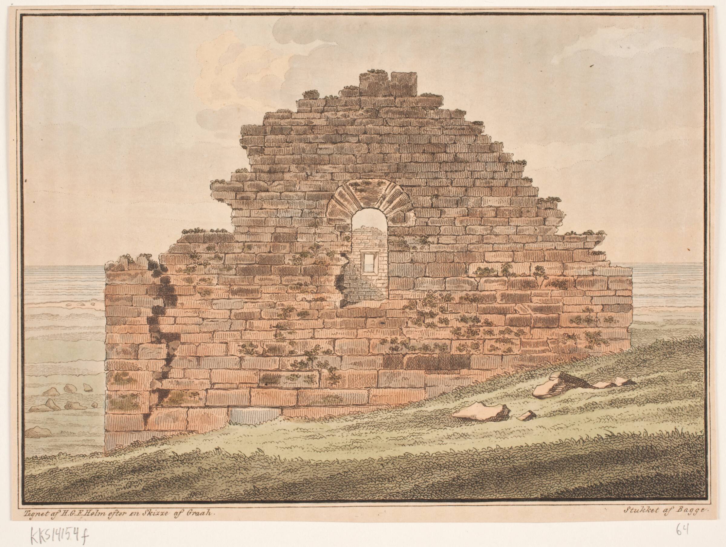 Kirkeruin på Grønland. Illustration til W.A. Graah. Undersøgelsesrejse til østkysten af Grønland, Oluf Olufsen Bagge, 1832