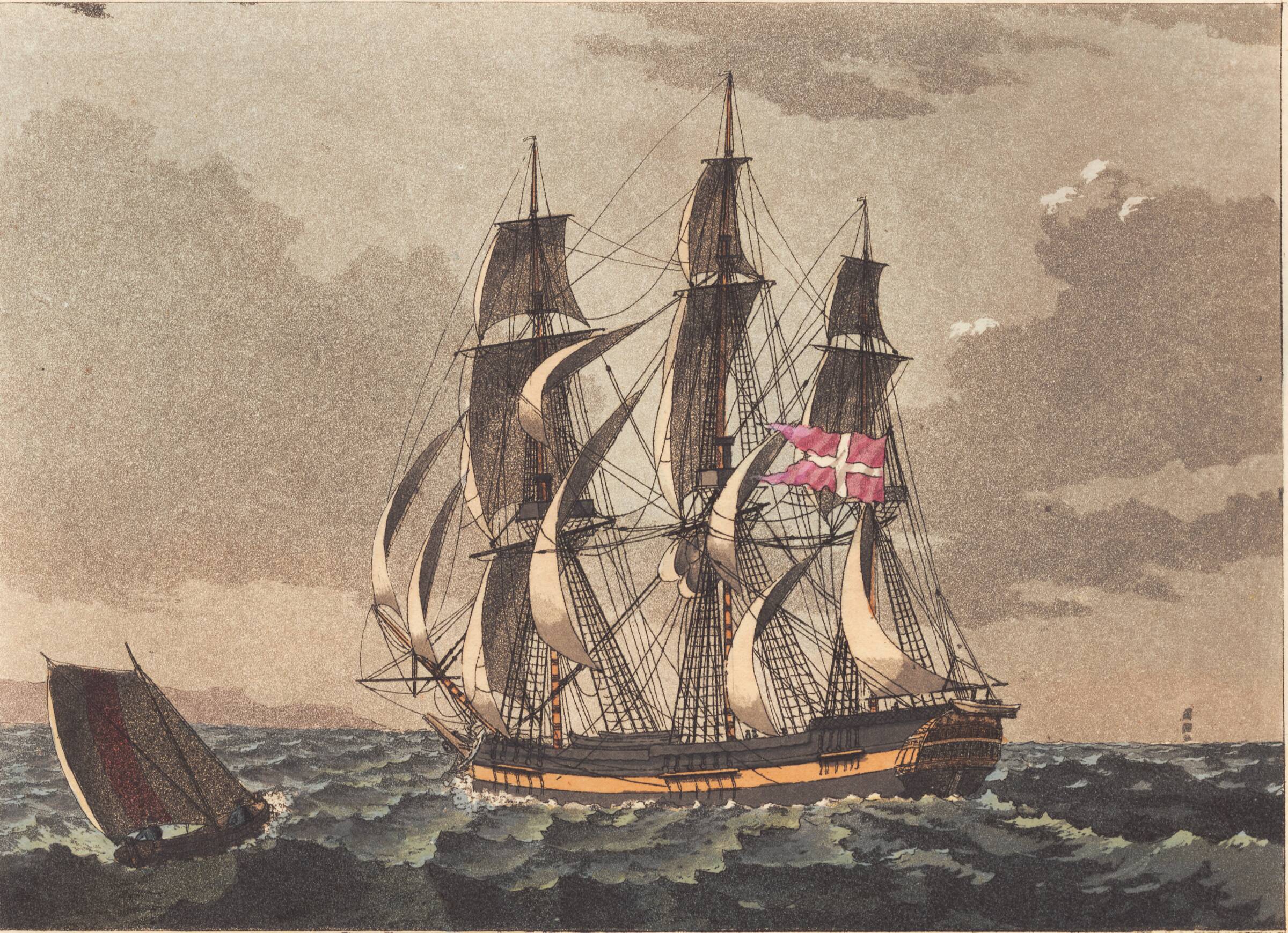En lootsbaad og et dansk fregat skib for en sløring, Niels Truslew, 1805