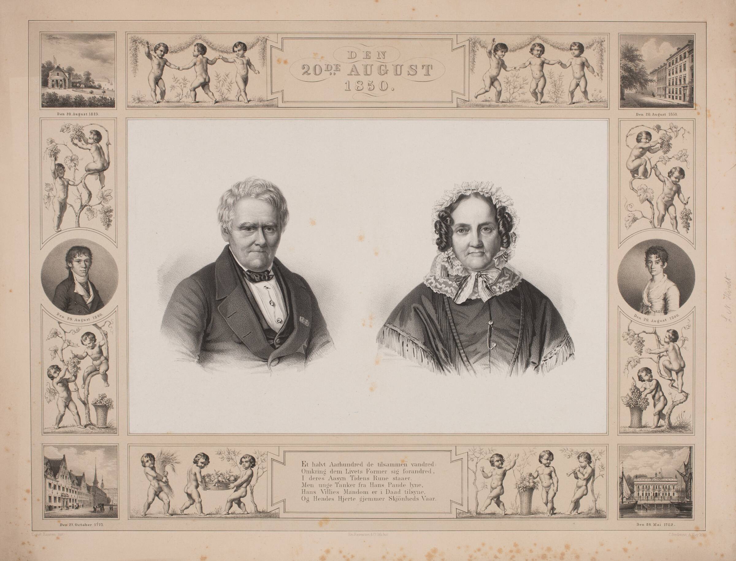 L.N. Hvidt og Therese Wilhelmine Hvidt, mindeblad i anledning af deres guldbryllup d. 20. august 1850, C. Steckmest, 1850