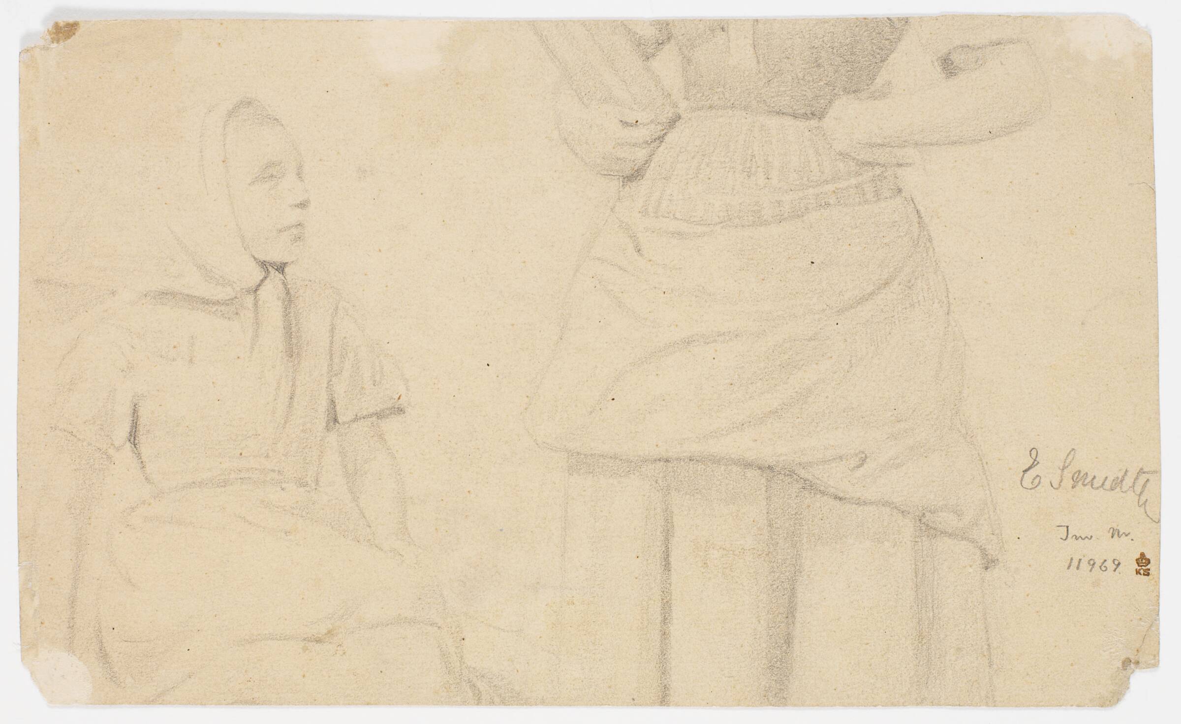 Siddende pige samt krop og det meste af benene af stående pige, Hans Smidth, 1877-1879
