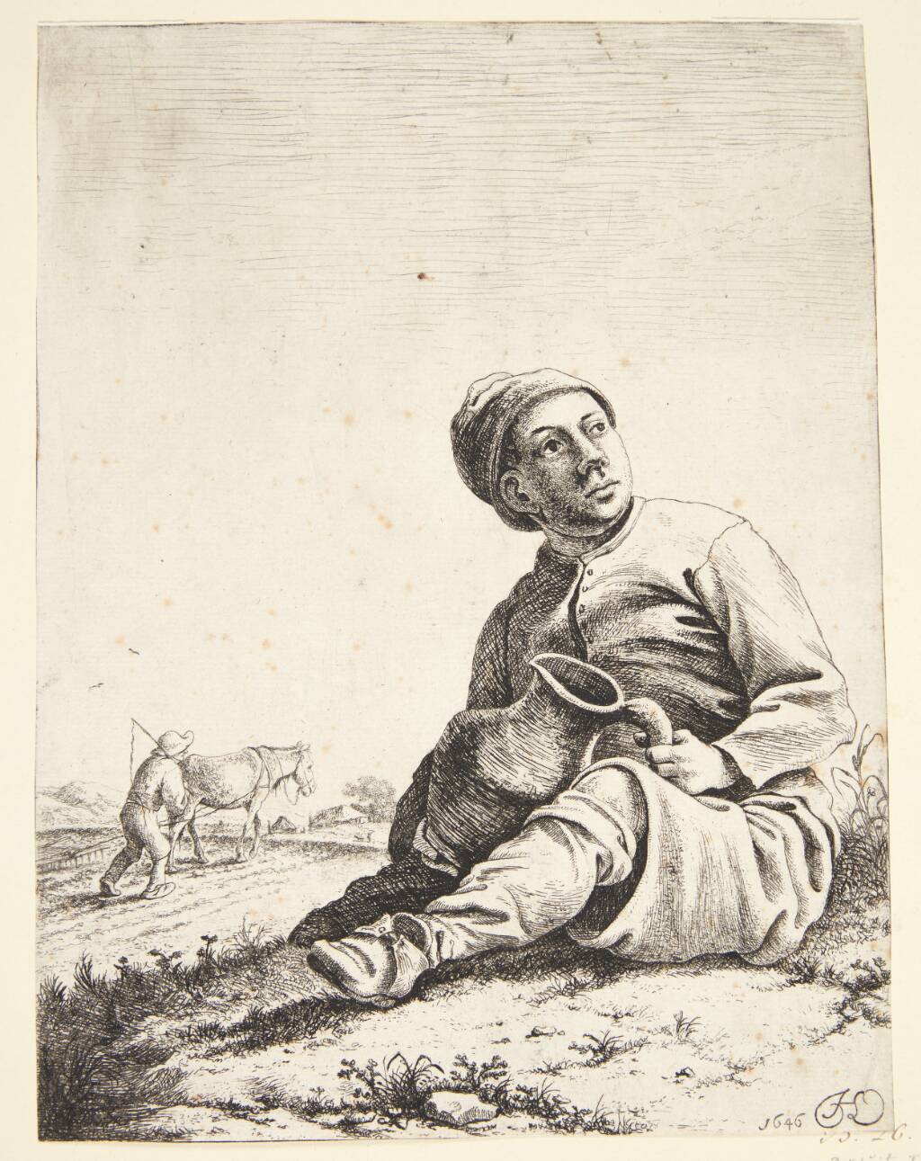 Siddende bonde med en kande i hænderne, Herman Saftleven, 1646