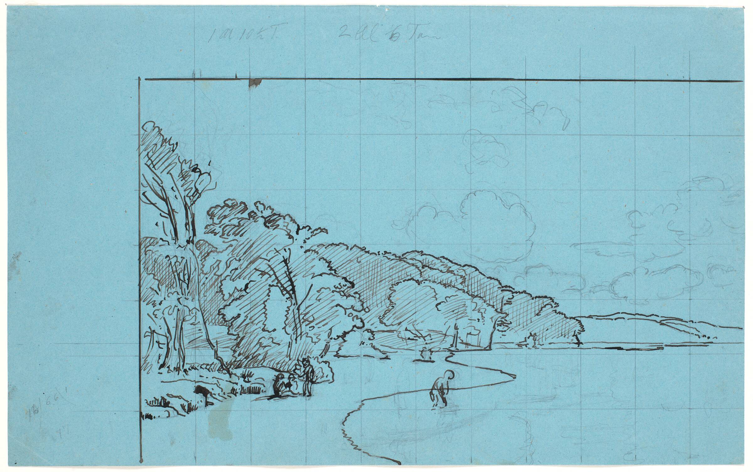Kvadreret udkast til et strandlandskab med skov næsten ned til bredden, hvor man ser tre børn, en fjerde er vadet i vandet., P.C. Skovgaard, 1817-1875