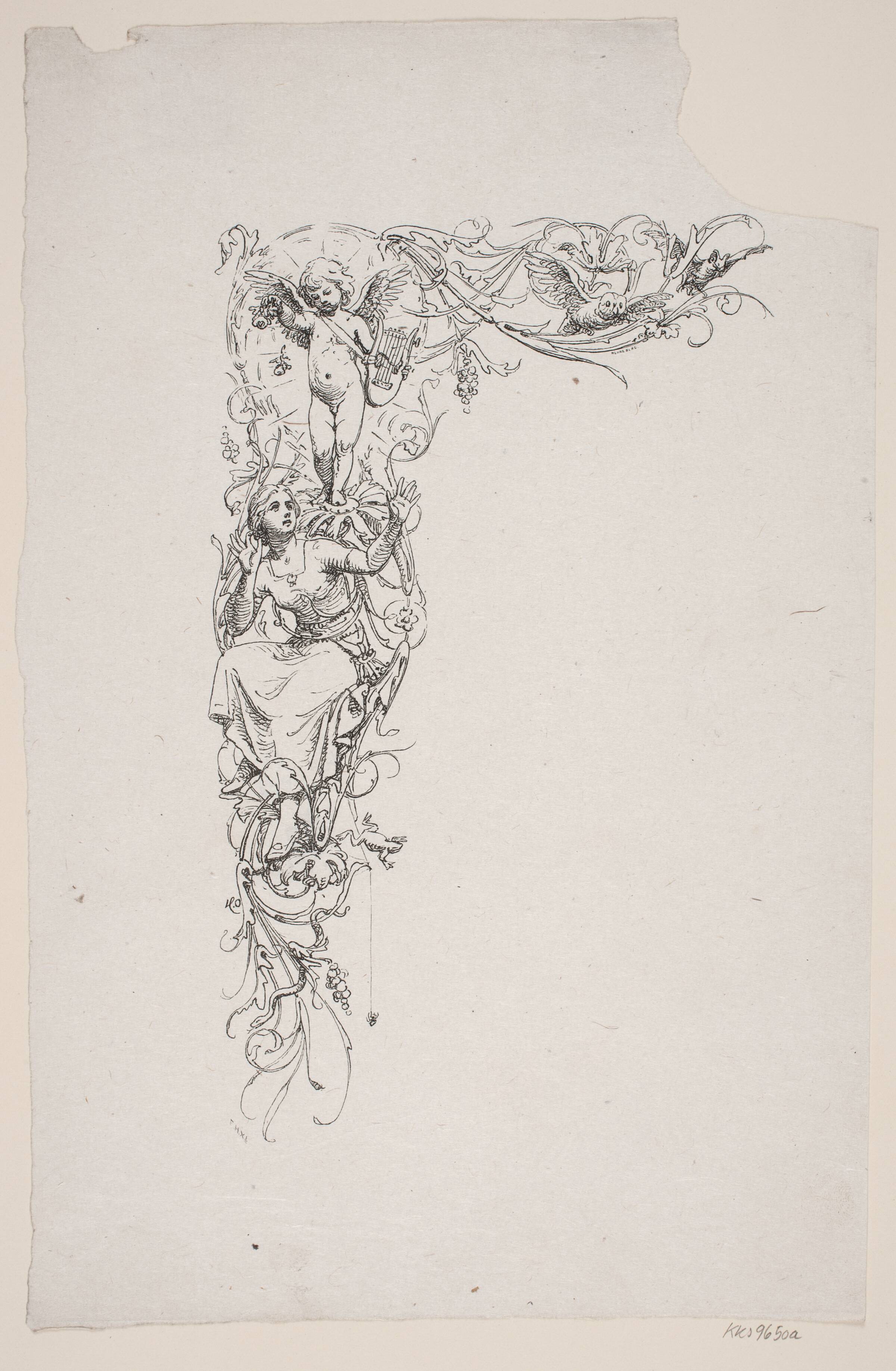 Indramning, Amor med lyren strør roser ned over en siddende ung kvinde, H.C. Henneberg, 1826-1893