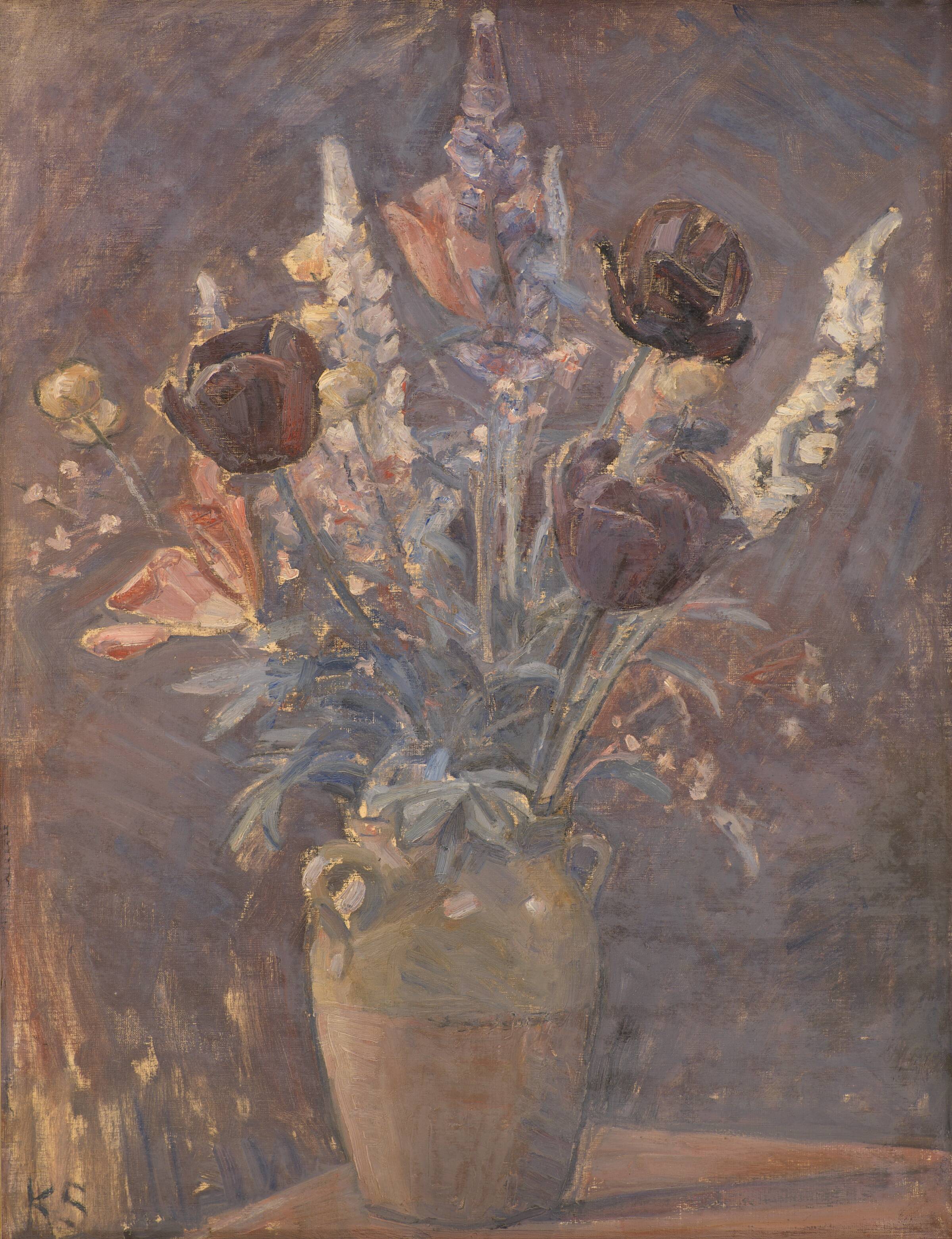 Lervase med tulipaner og andre blomster, Karl Schou, 1885-1938