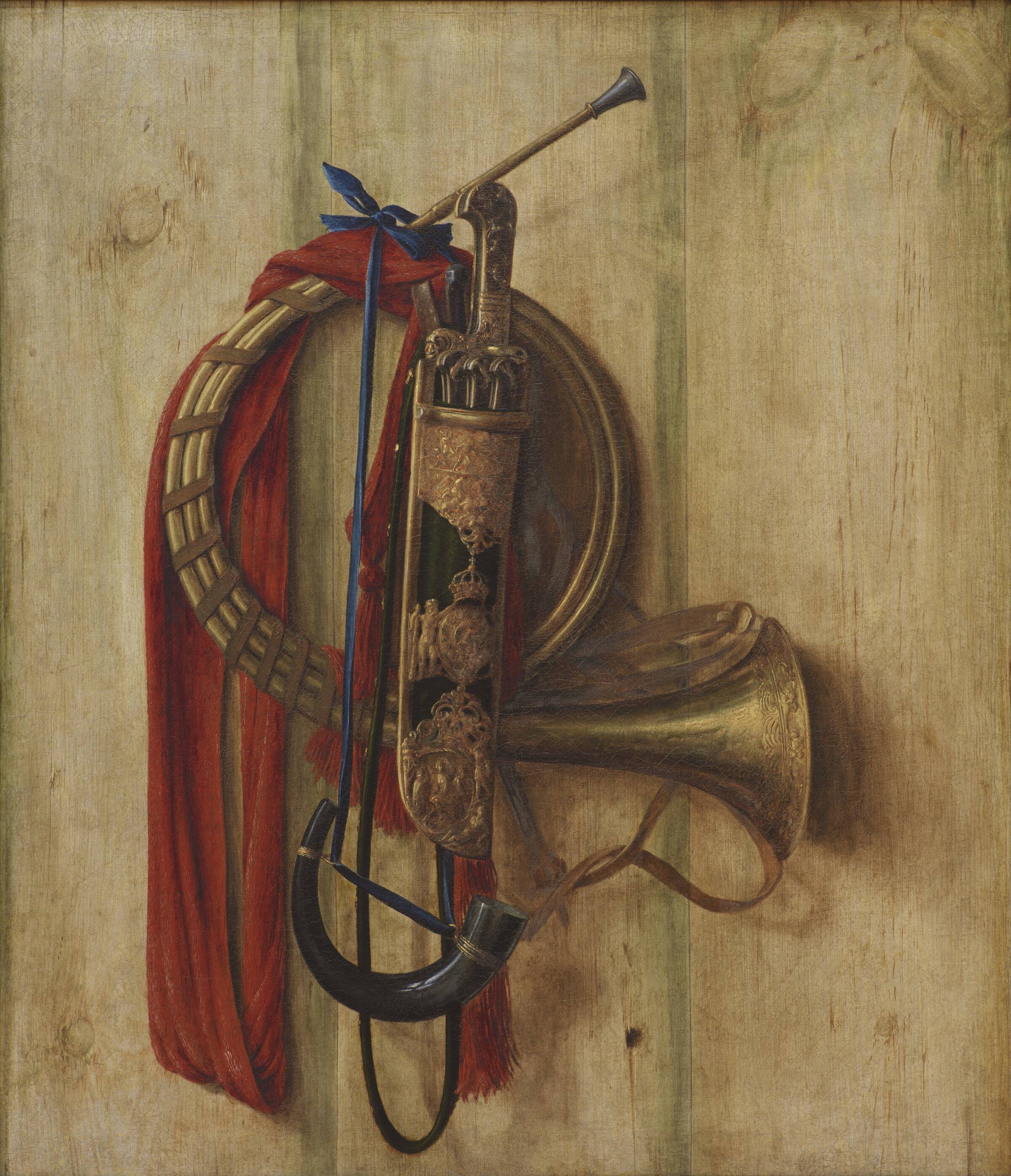 Trompe l'oeil med Christian Vs udstyr til parforcejagt, Cornelius Norbertus Gijsbrechts, 1671