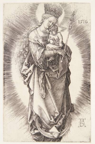 Madonna, med scepter og stjernekrone, stående på seglmåne