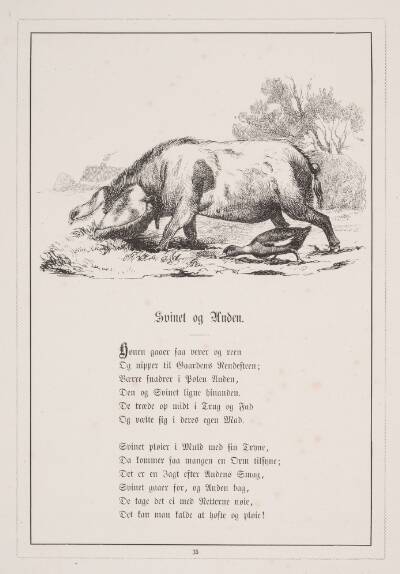 Svinet og Anden. Illustration til H.V. Kaalund, "Fabler for Børn"