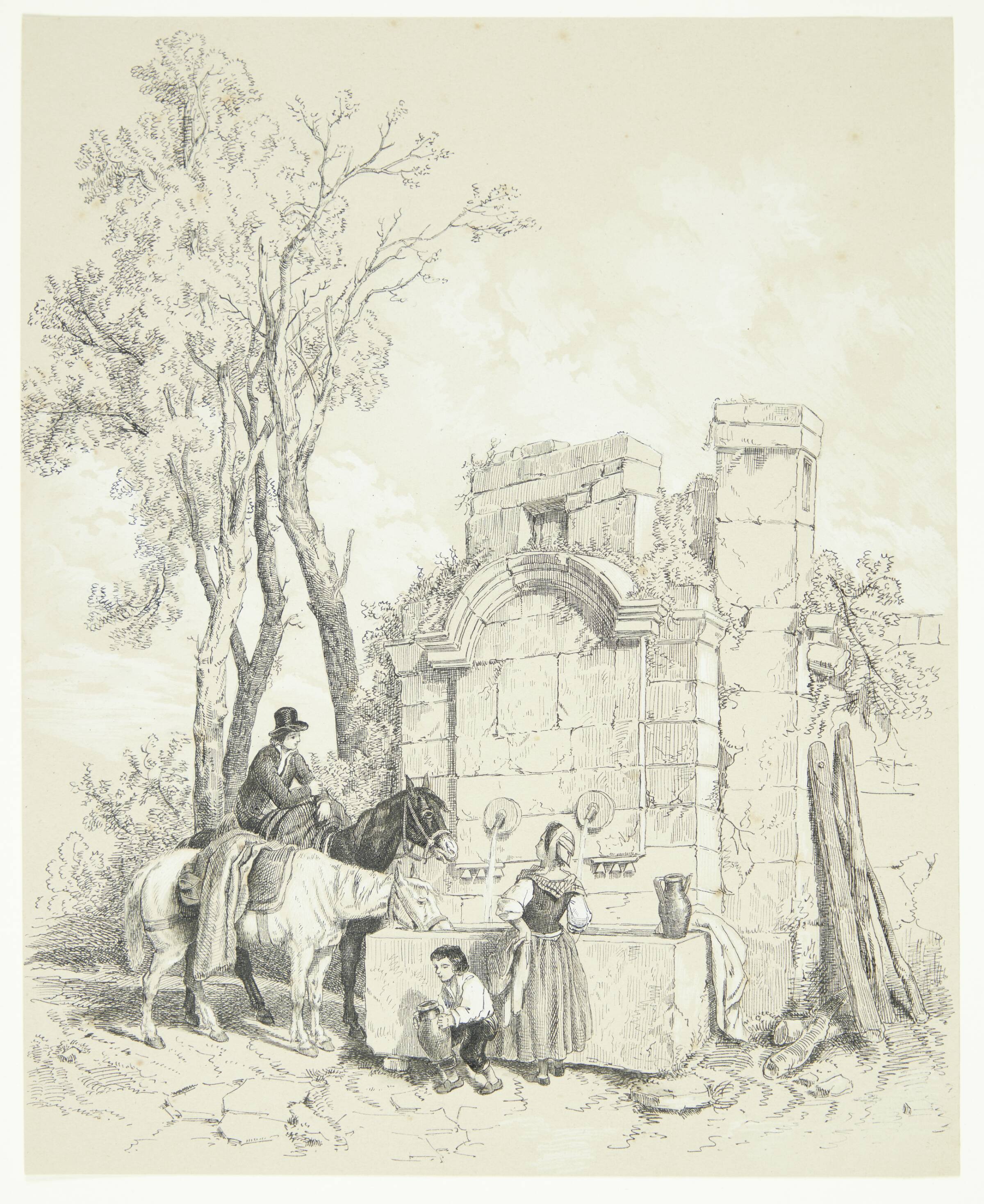 En mand vander heste ved en brønd, mens en kvinde henter vand og en dreng hjælper hende, Fortuné Ferogio, 1805-1888
