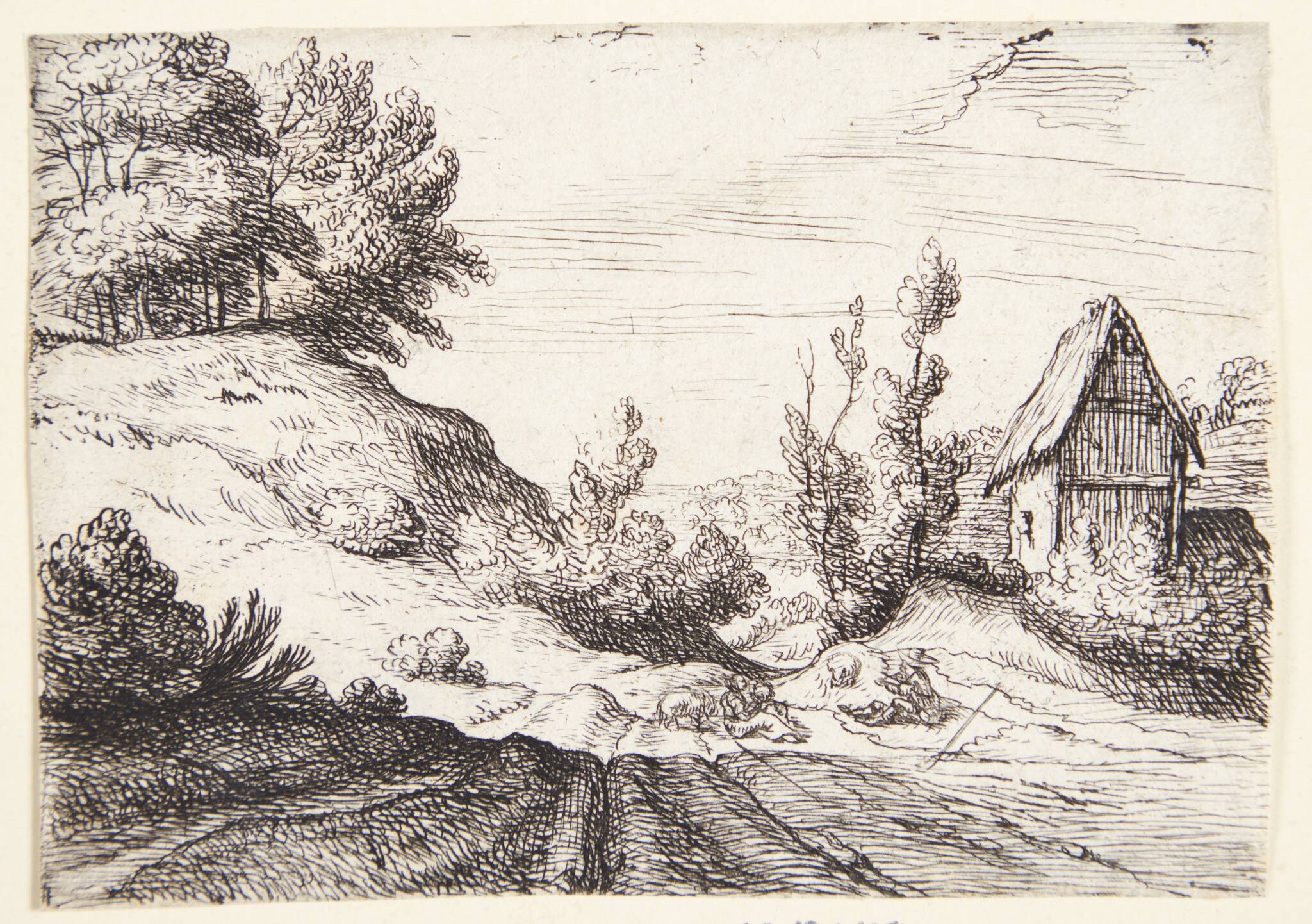 Vej gennem et bakket landskab, t.h. et hus