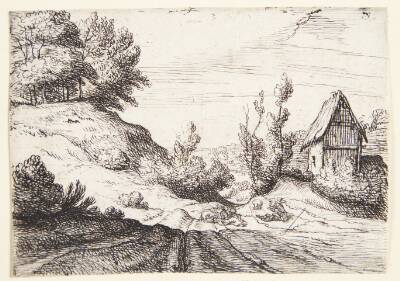 Vej gennem et bakket landskab, t.h. et hus