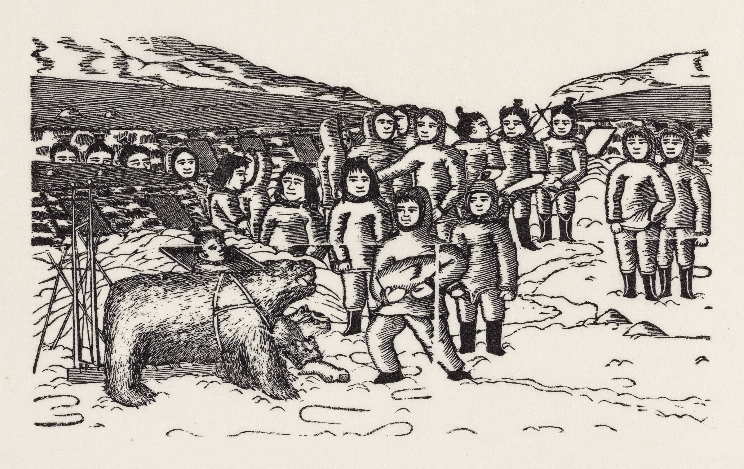 Fortællingen om Ungilatake: Ungilatake fodrer isbjørnen og udyret, som han har fanget ene mand og bundet med remme, Markus Lynge, 1859-1860