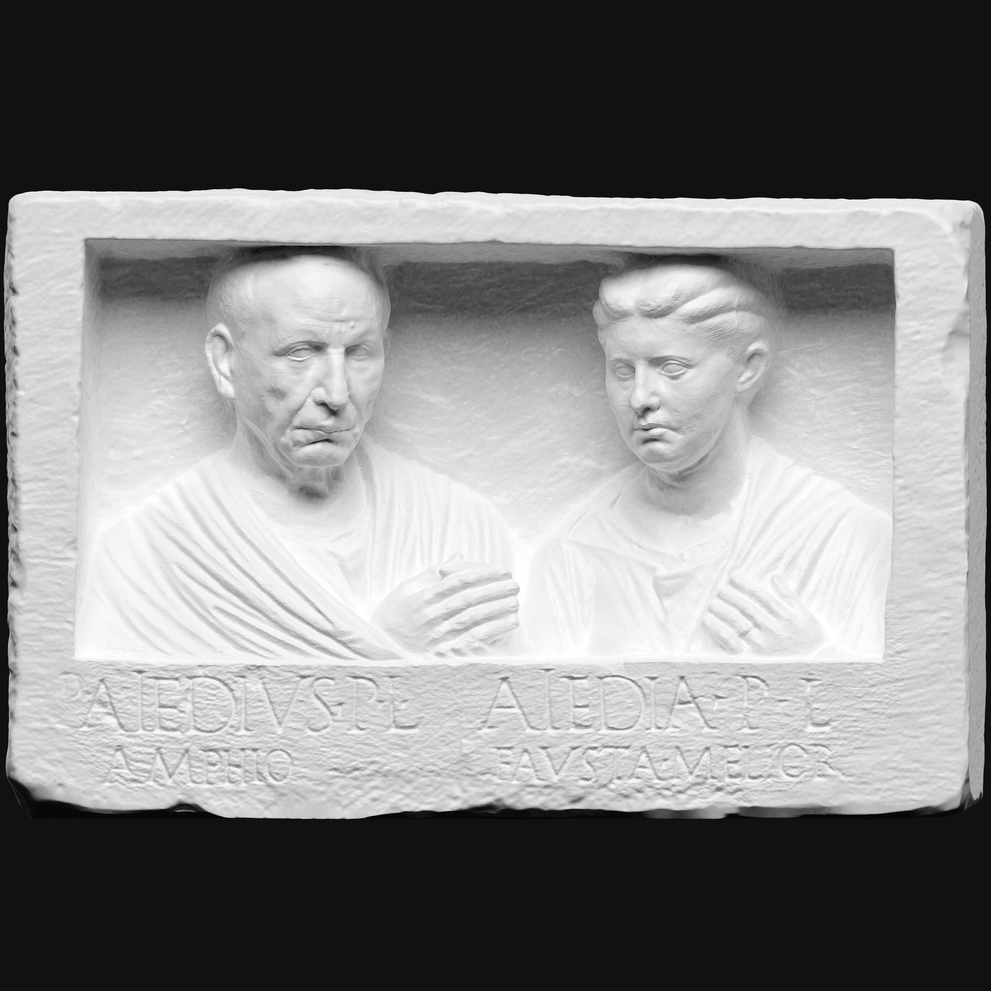 Gravrelief. Mands- og kvindebuste i niche. Publius Aiedius Amphio & Aiedia Fausta Melior