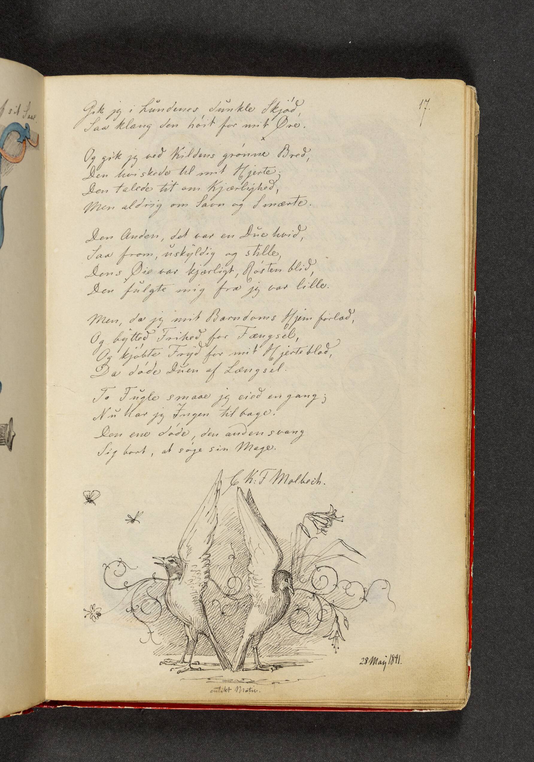 To duer med vingerne rejst, der står symmetrisk med halerne mod hinanden. Der er en ornamentranke i baggrunden. Hertil vers. Side 17