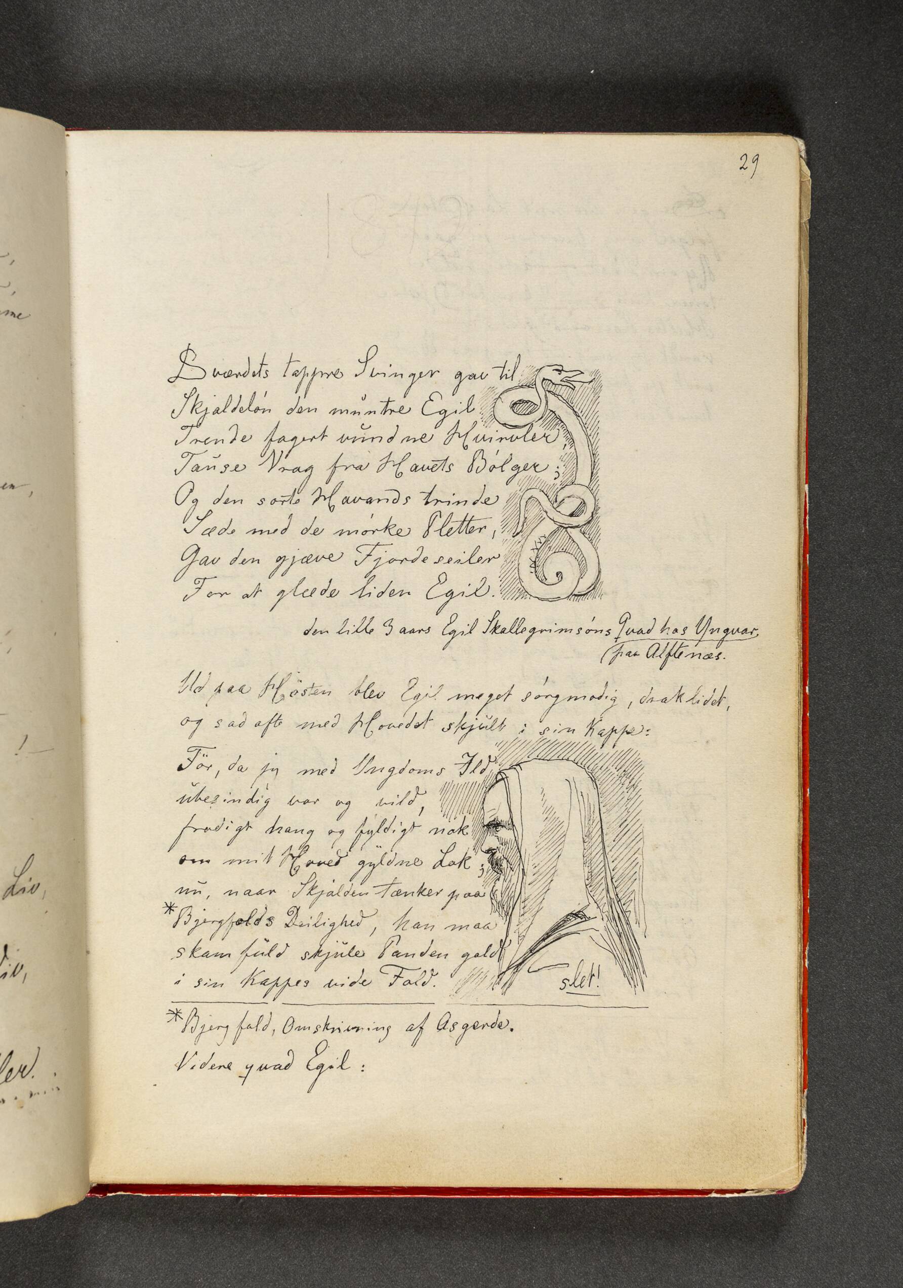 En slange der er snoet som et vikingeornament. Mandsprofil samt vers. Side 29