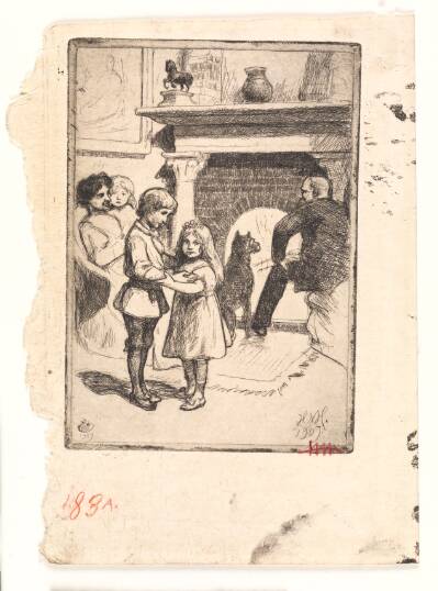 Nytårskort (familien ved kaminen)