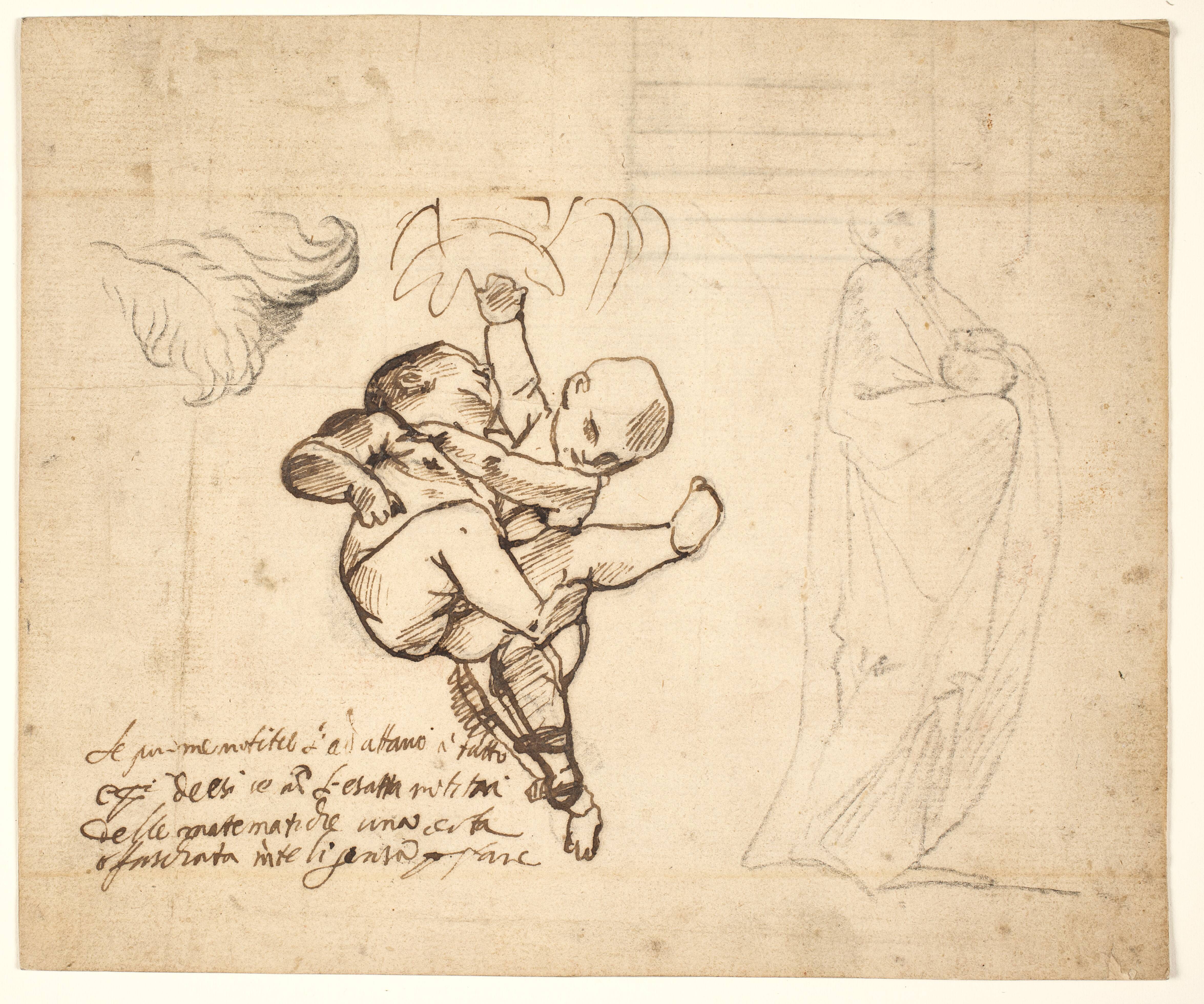 Study for two playing putti, leaves and a draped figure with an urn