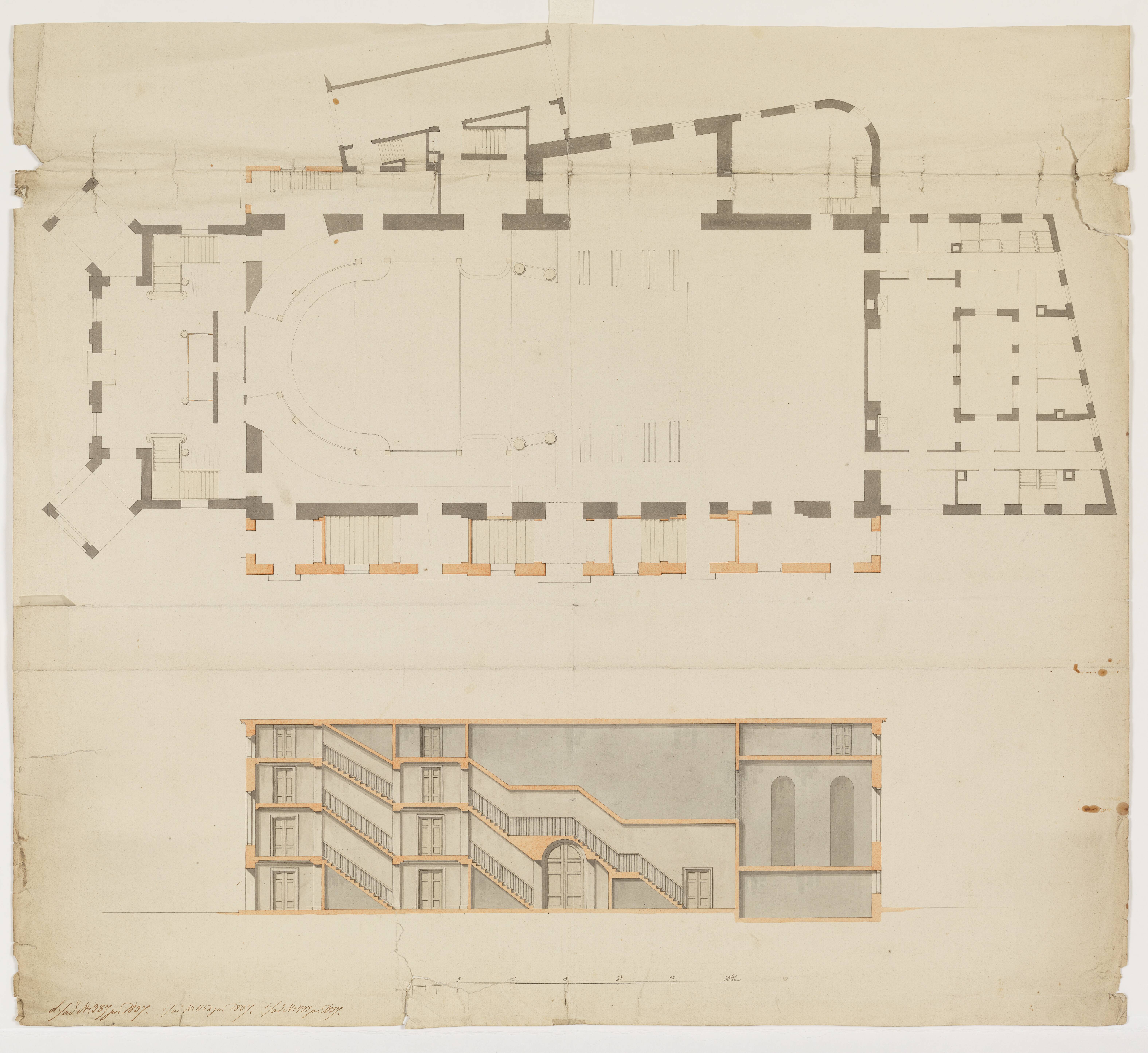 Det Kgl. Teater. Plan med midterbygning, operamaskinhus, forbygning, tilskuerplads, bagbygning og trappehuse