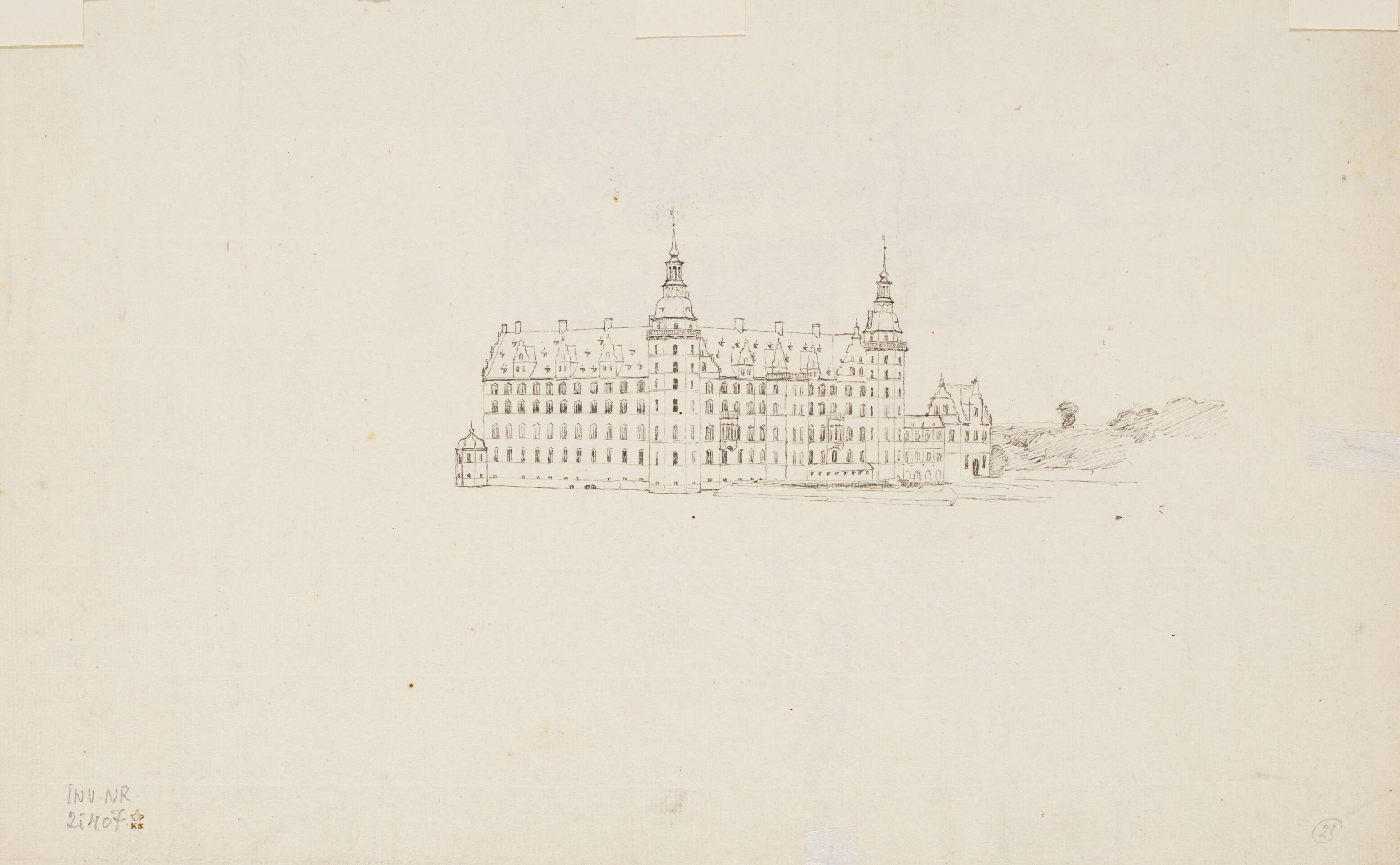 Skitse af Frederiksborg slot set fra søen, audienshuset t.h.