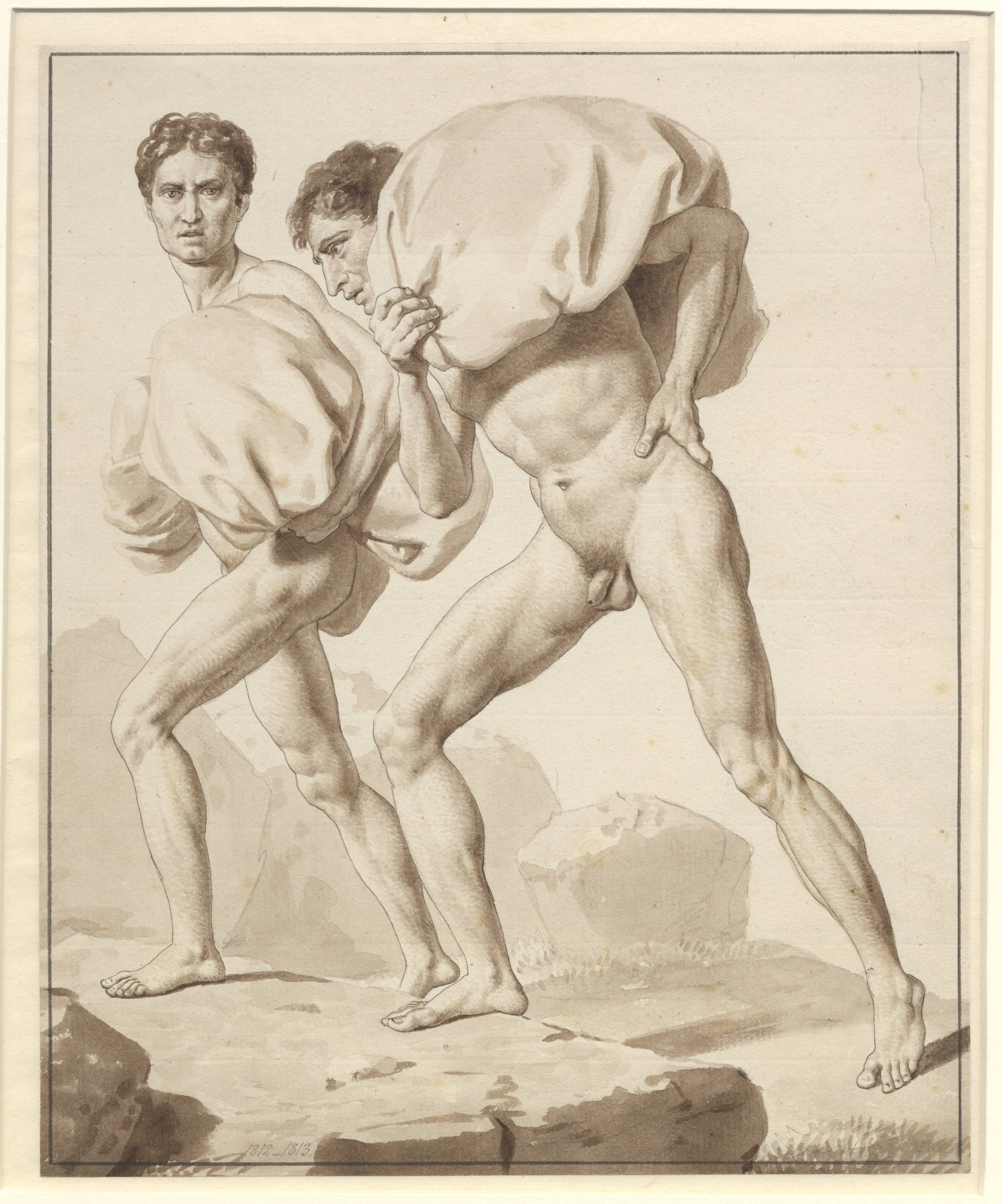 Moses Divides the Waters and Pharaoh's Army is Engulfed - Study for Two Israelites Hiking, Laden with Baggage