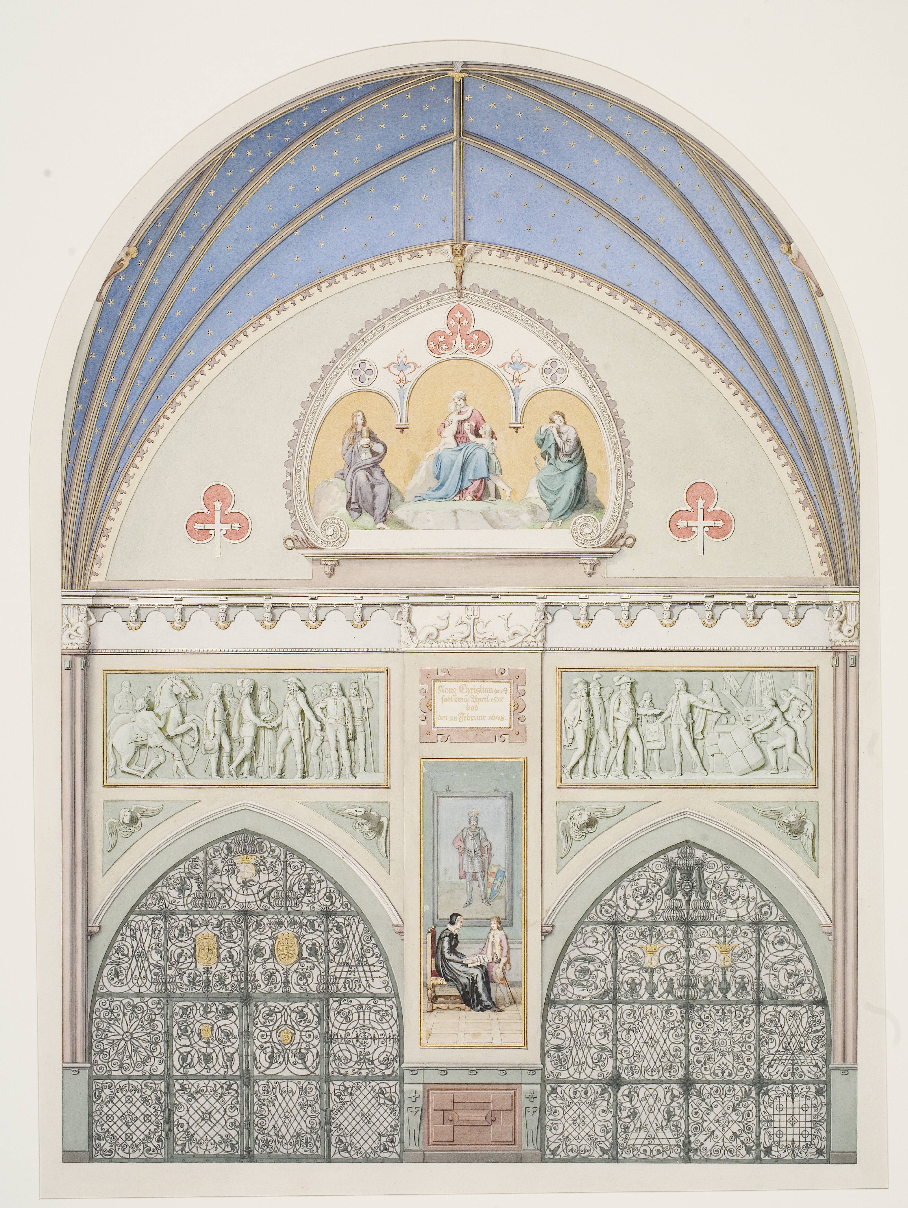 Udkast til hvælvingens dekoration i Christian IV's kapel i Roskilde Domkirke. I midten Christian IV som barn. Herover to friser med scener fra kongens liv
