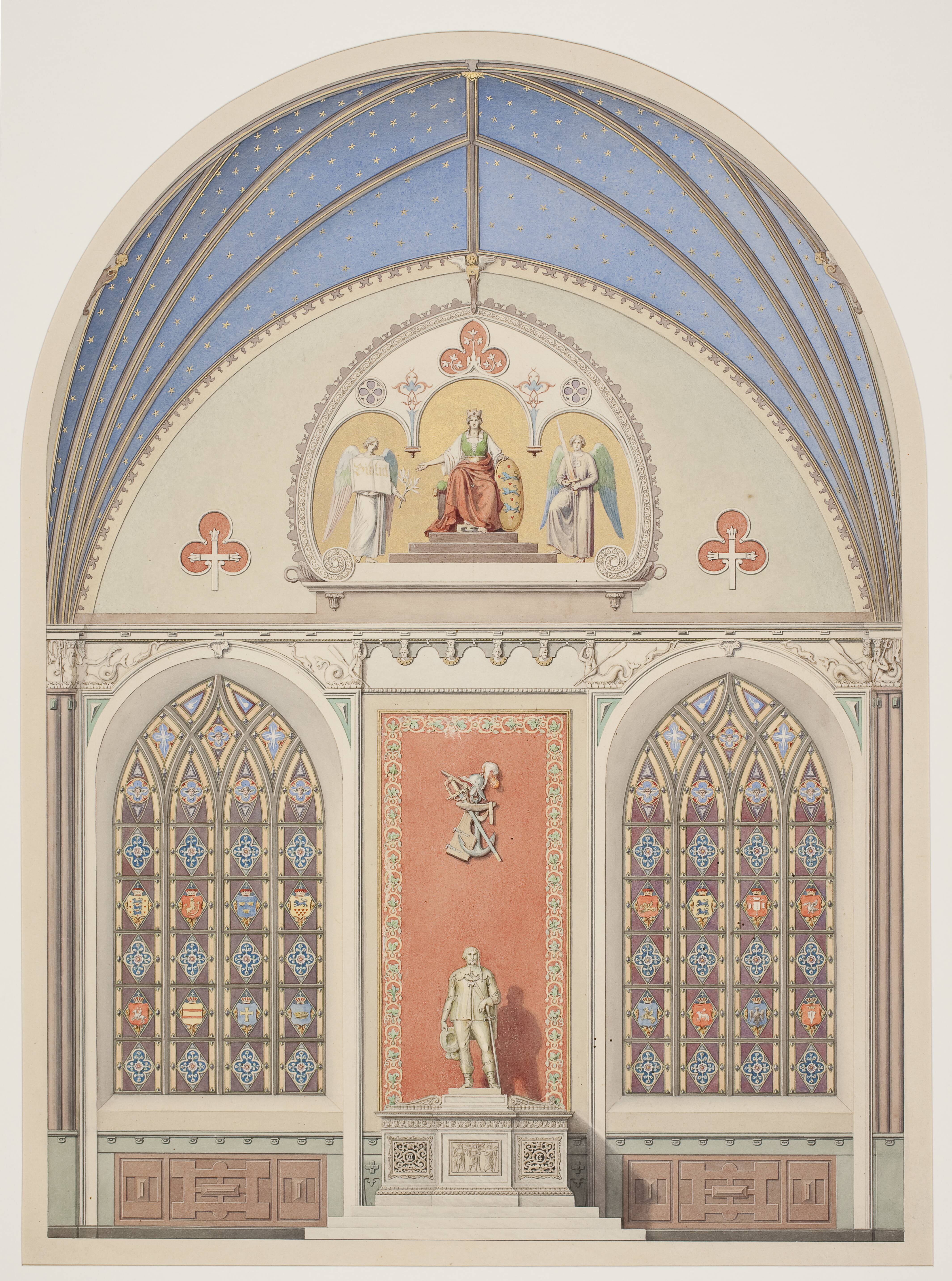 Udkast til hvælvingens dekoration i Christian IV's kapel i Roskilde Domkirke. Udsmykning i midten med statue af Christian IV