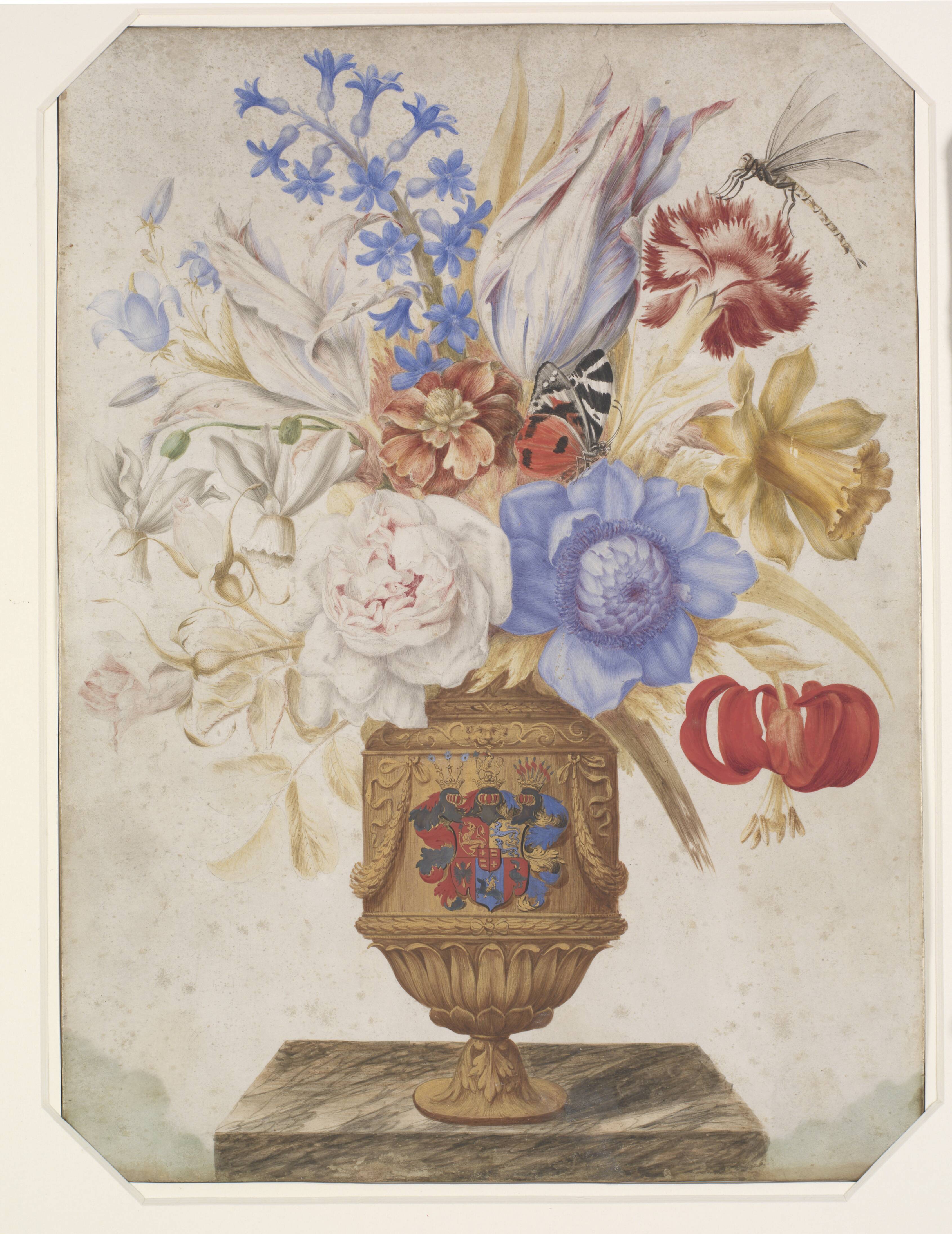 Blomster i en forgyldt vase med det Holstein-Gottorpske våben.