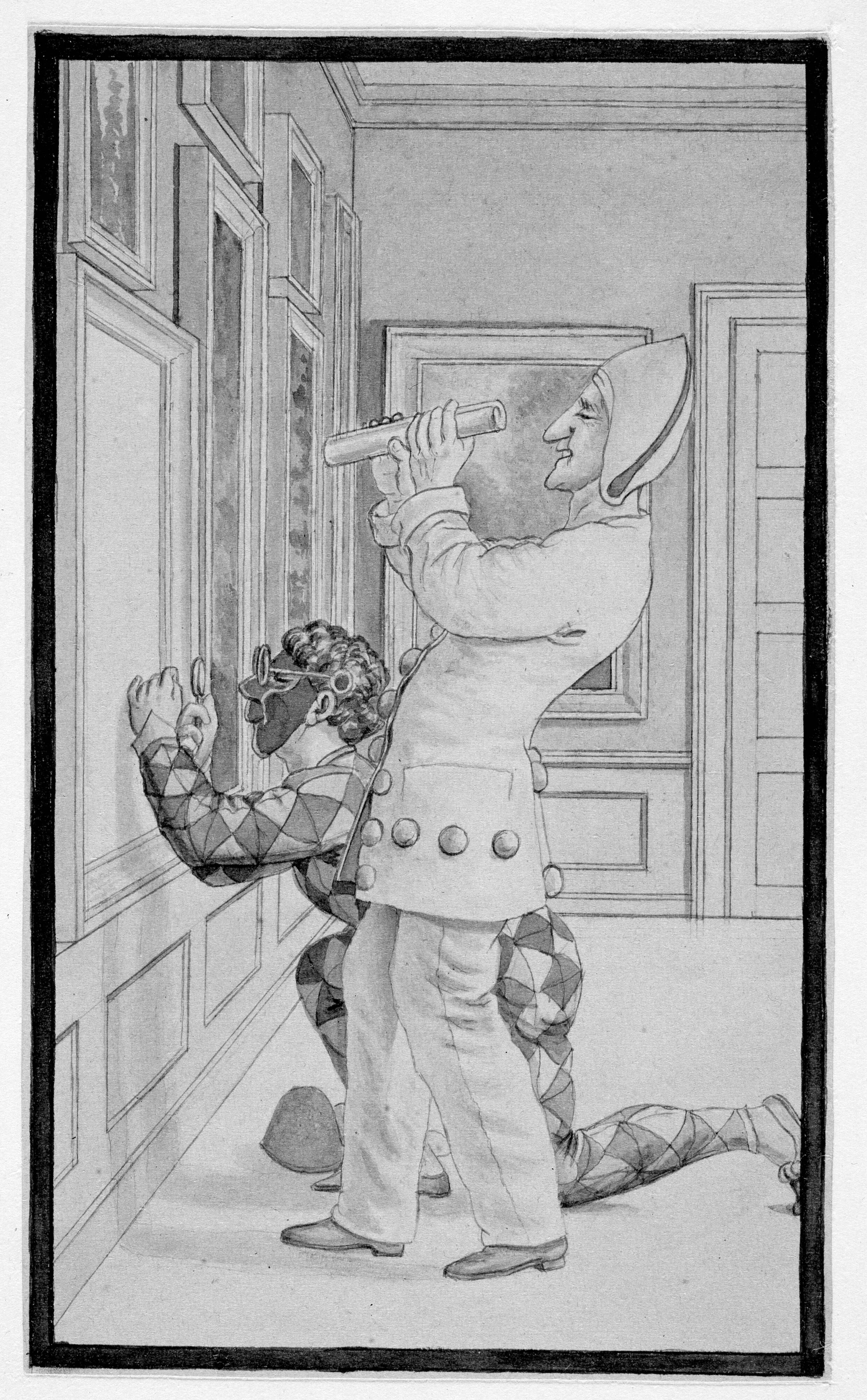 Kunstkritik. Harlekin og Pierrot i et med malerier behængt værelse ifærd med at bedømme et billede.