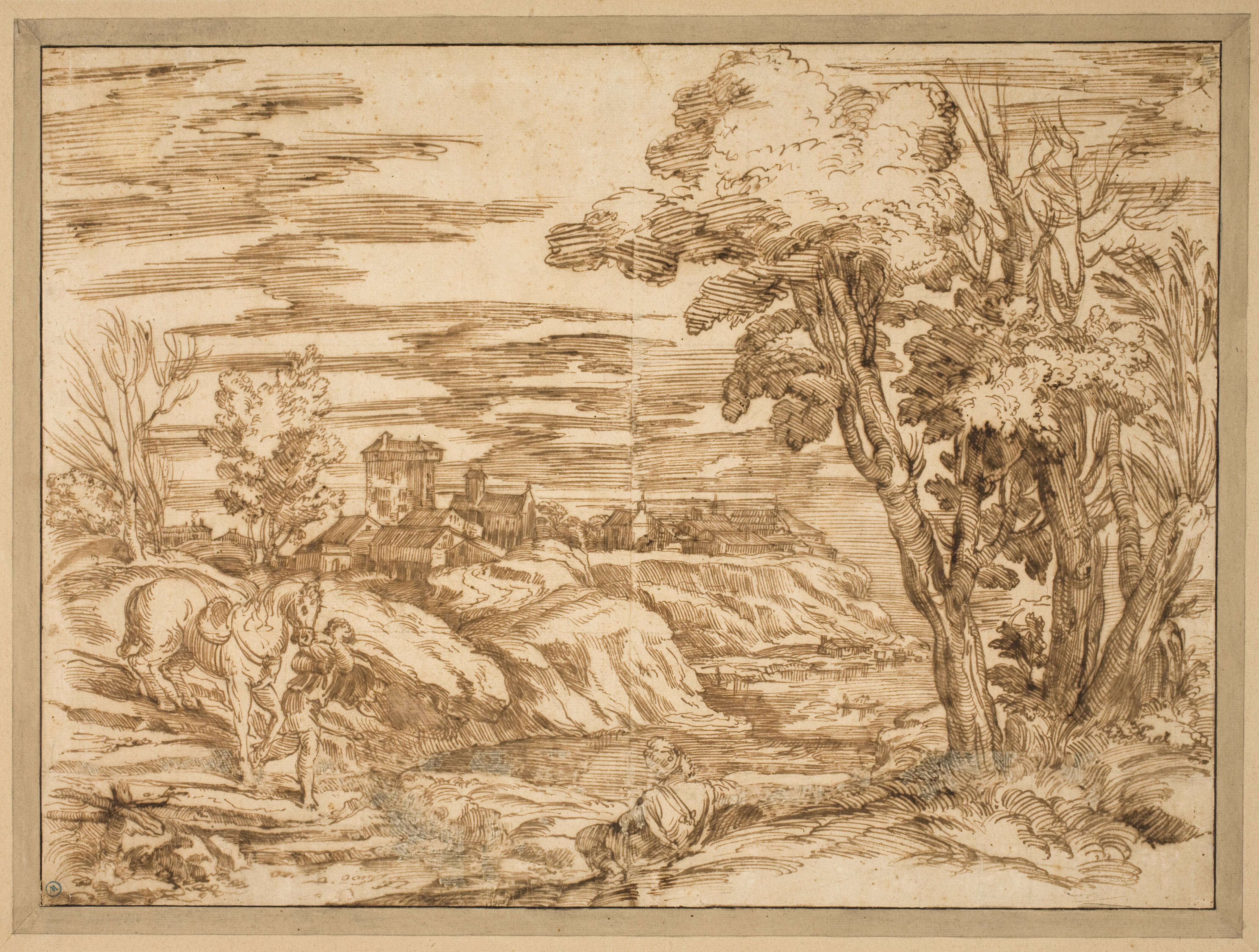 River landscape with a seated man with a turban and a boy leading a horse in the foreground, after the etching B.8, attributed to Titian