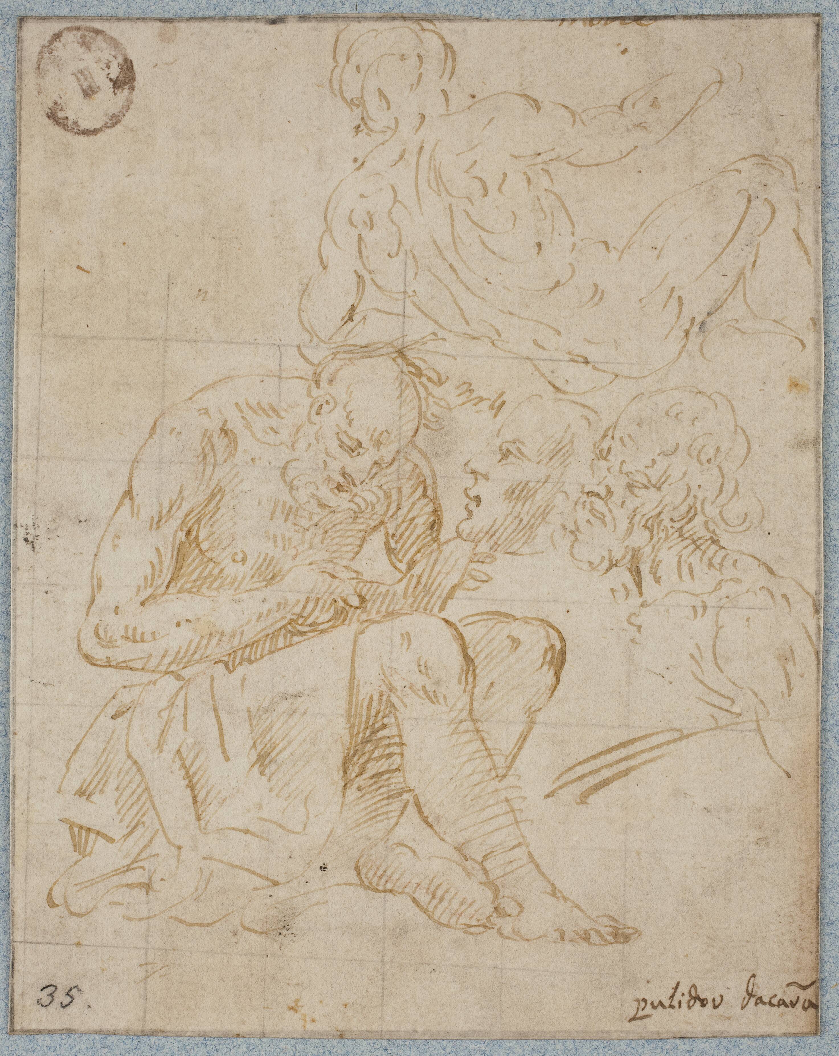 A study for a seated figure reading, a prostrated male nude seen from behind, and two male heads