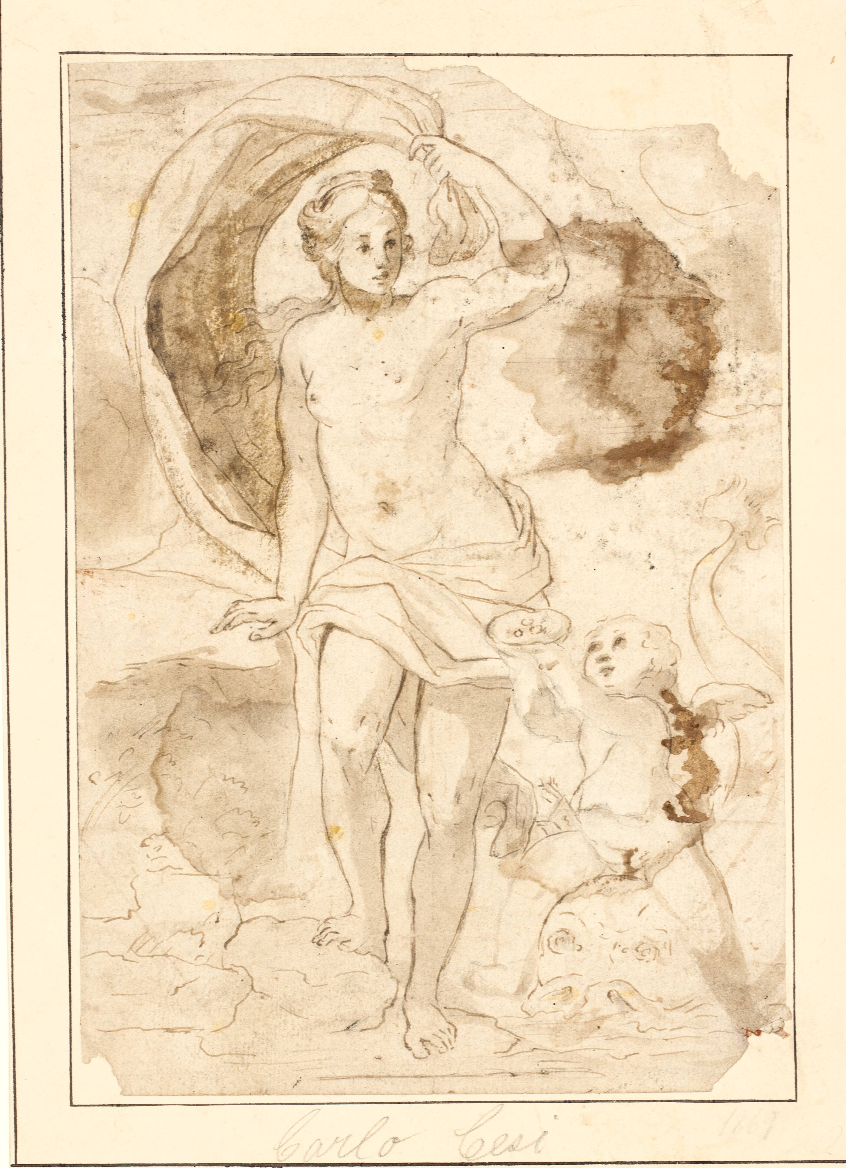 Venus being offered pearls in a seashell by Cupid riding on a dolphin