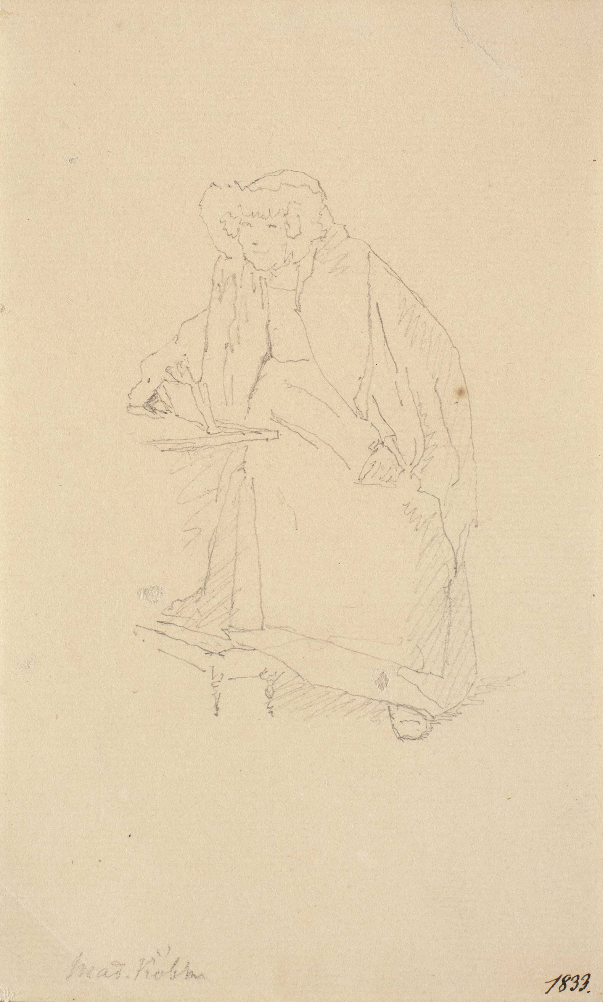 Kunstnerens moder Cecilie Margrethe Købke, siddende ved et bord holdende en bog i hånden