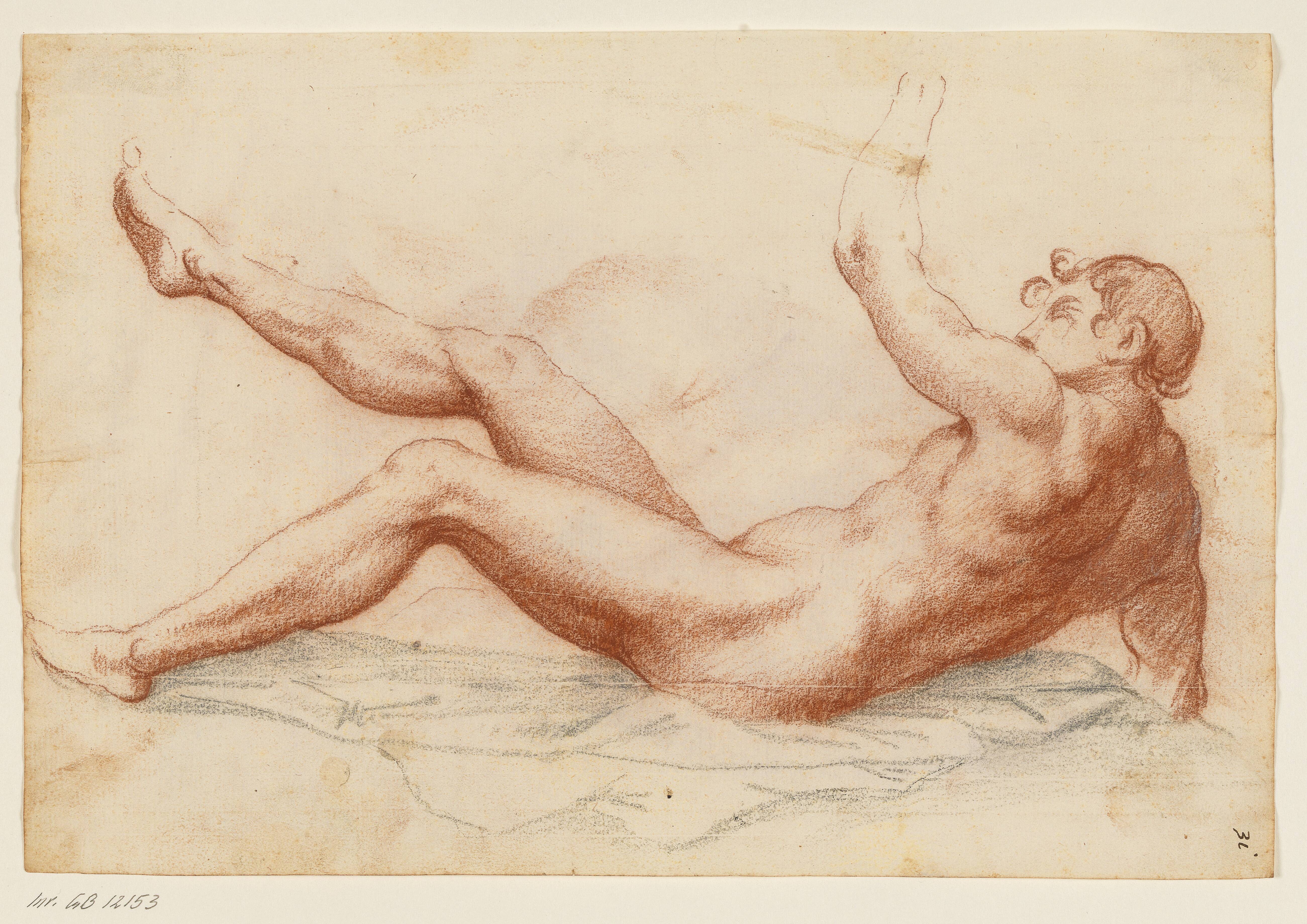 Prostrated male nude turned left leaning on his right arm and lifting his left arm and right leg up