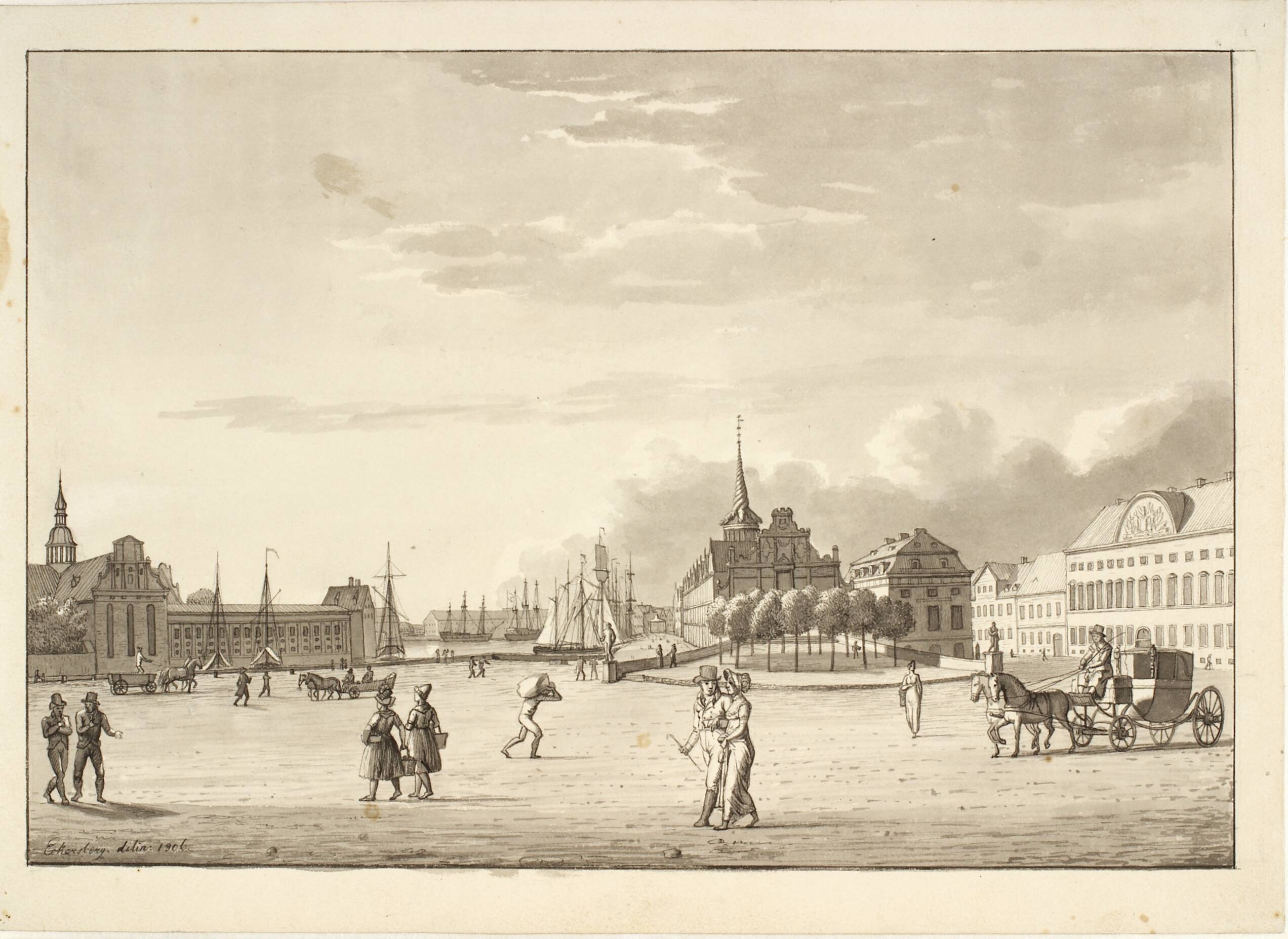 Slotspladsen i København med Holmens kirke, Børsen, den nu forsvundne bank og kancellibygning ("Den røde bygning")