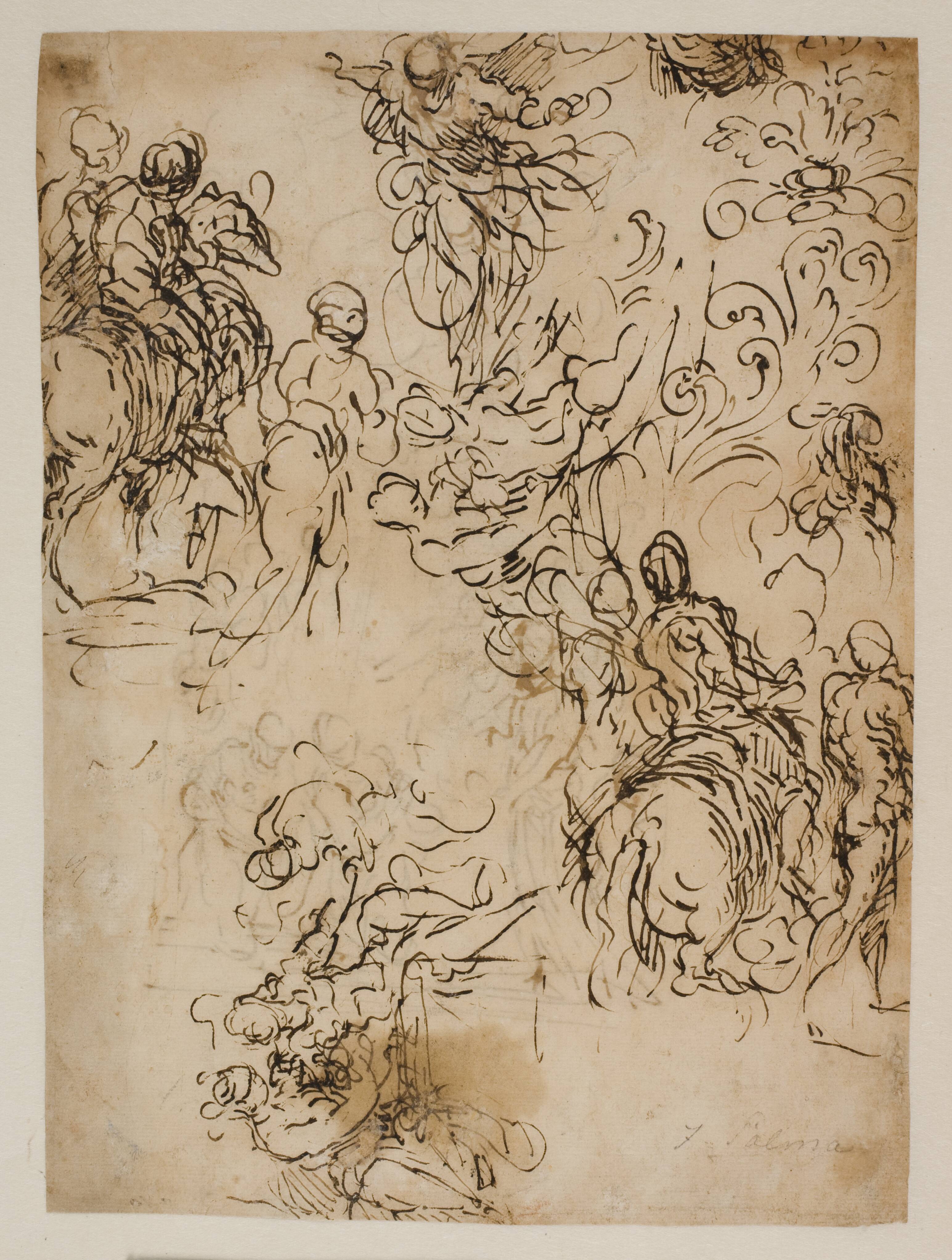 Sketches for Christ hovering in the air, horsemen, a seated couple and a flower ornament