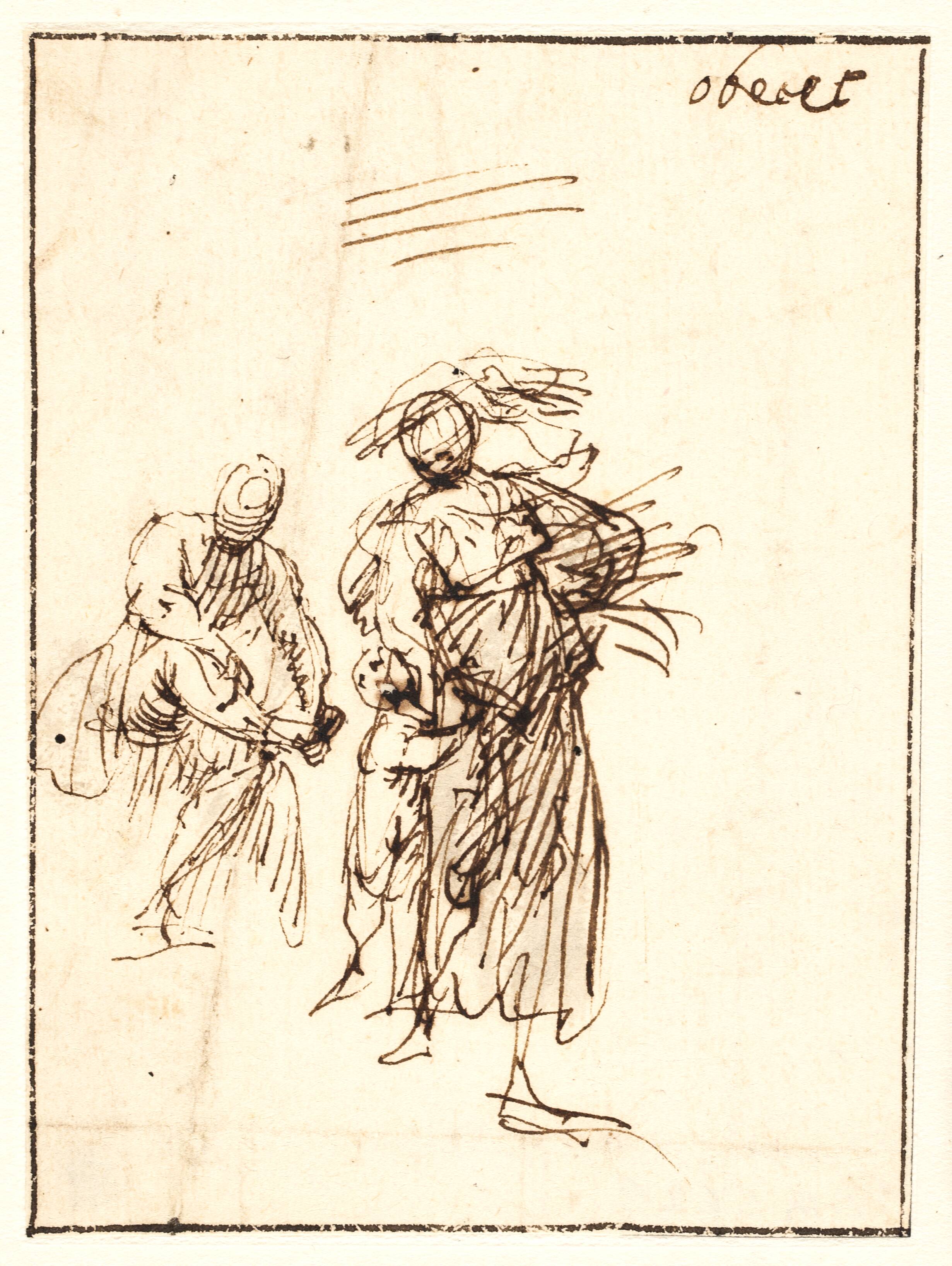 Sketch of woman walking with a child at her side and a seated figure behind