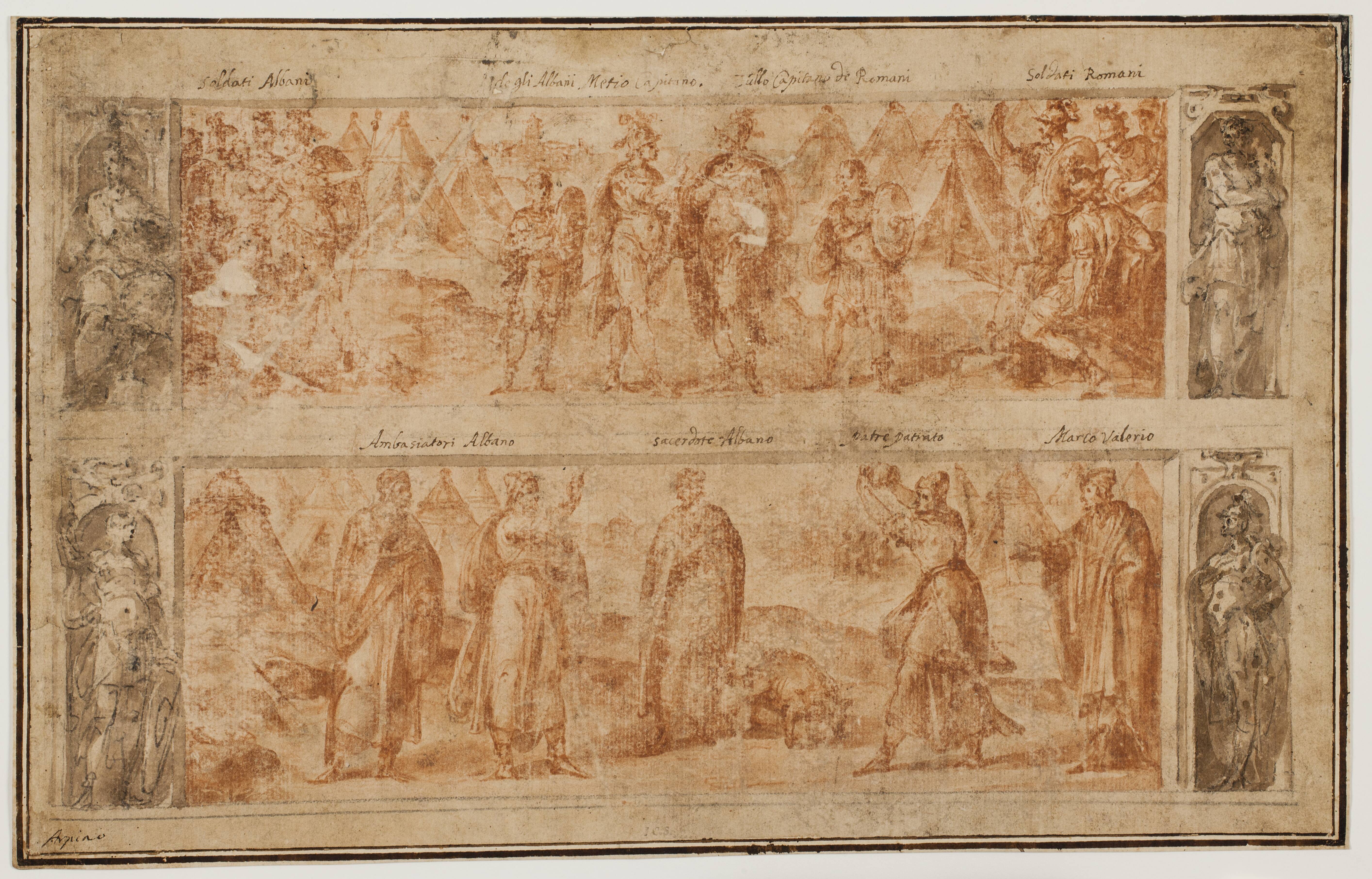 Two friezes, one above the other, with scenes from the early history of Rome