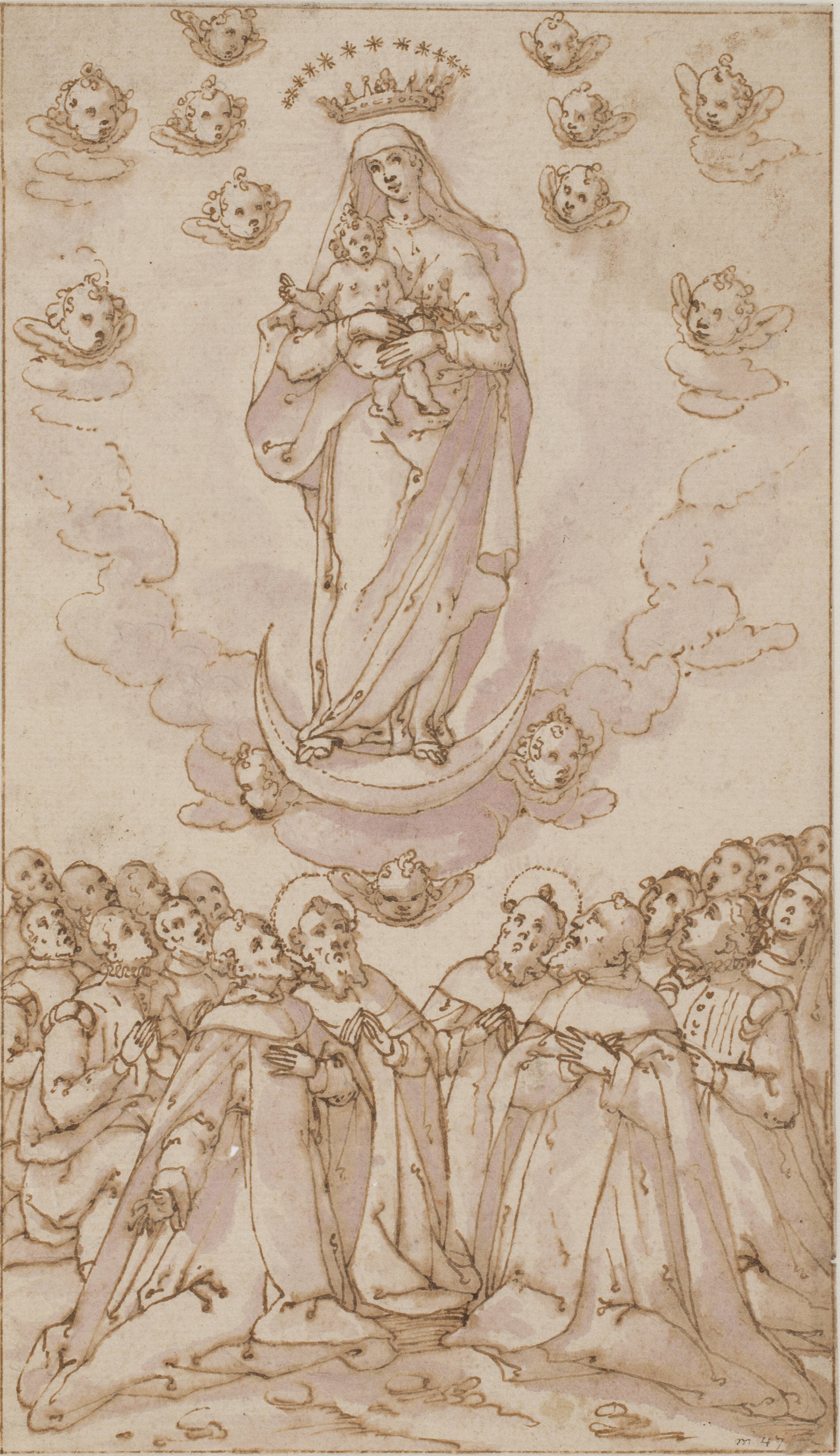 Madonna and Child on a crescent moon appearing to a group of saints, priests and laymen