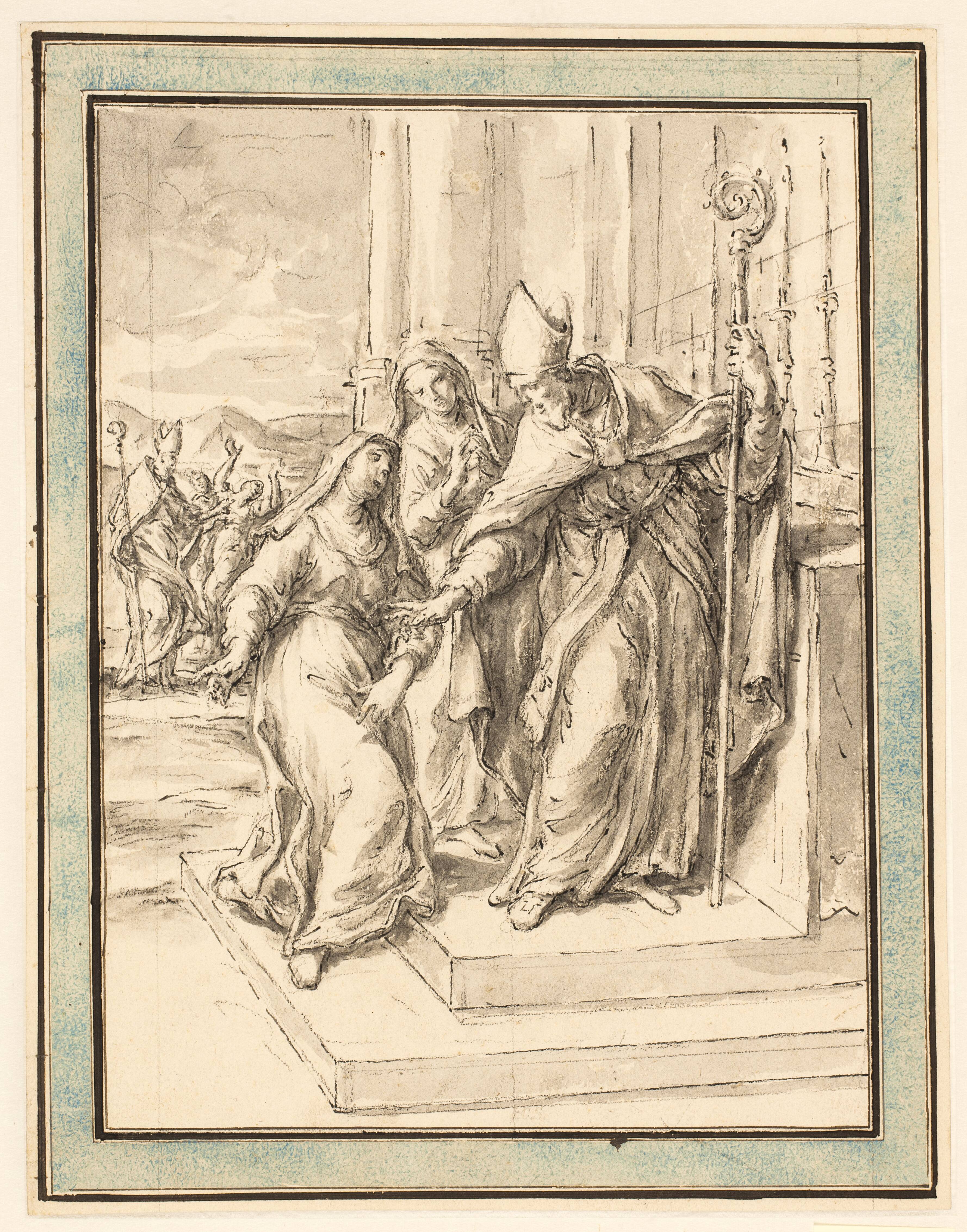 A bishop and two nuns at an altar, with a bishop healing a possessed woman in the background