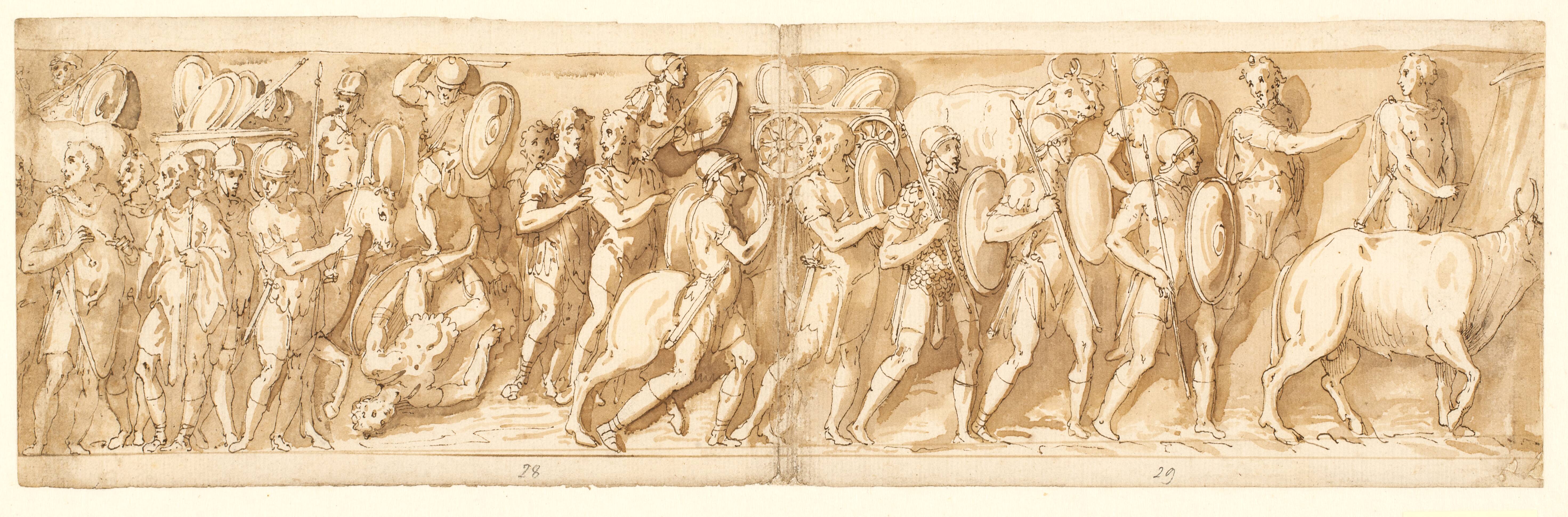 Romans on the march (XXXVI); Marcus Aurelius, Pompeius and an attendant watch the march (XXXVII); a halt on the march (XXXVIII)
