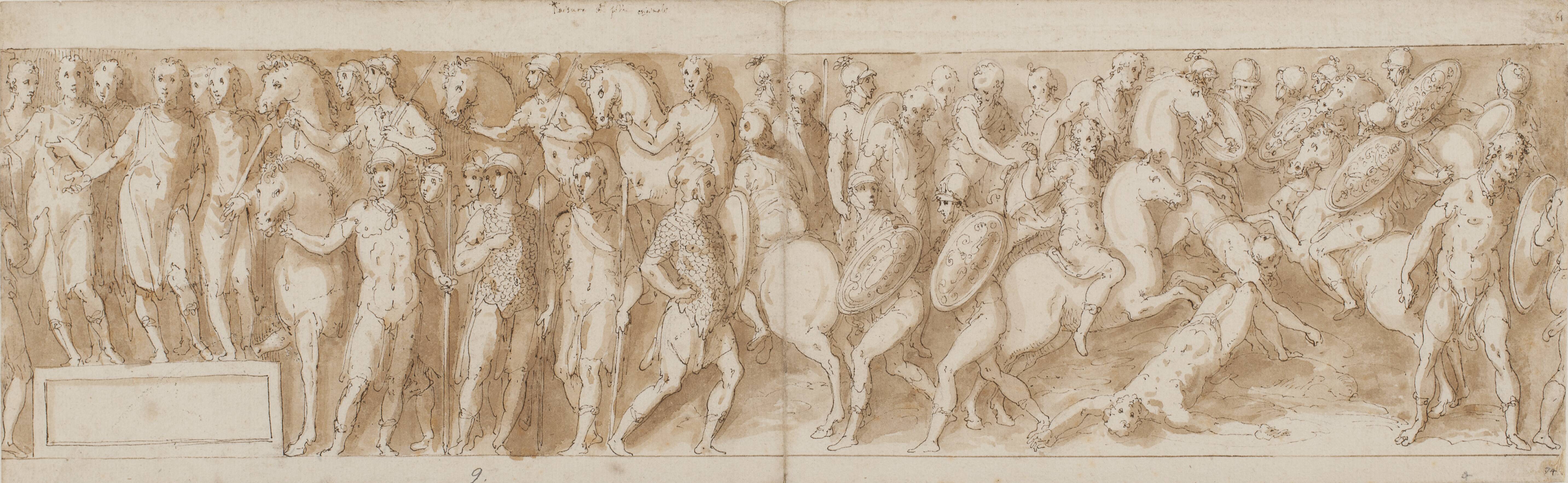 Marcus Aurelius receiving a report of the capture of the women (LXXXVI); Marcus Aurelius arrives from a march (LXXXVII); a German chief is taken away (LXXXVIII); the chief’s last men fall (from a bridge which Guerra has not reproduced) (LXXXIX)