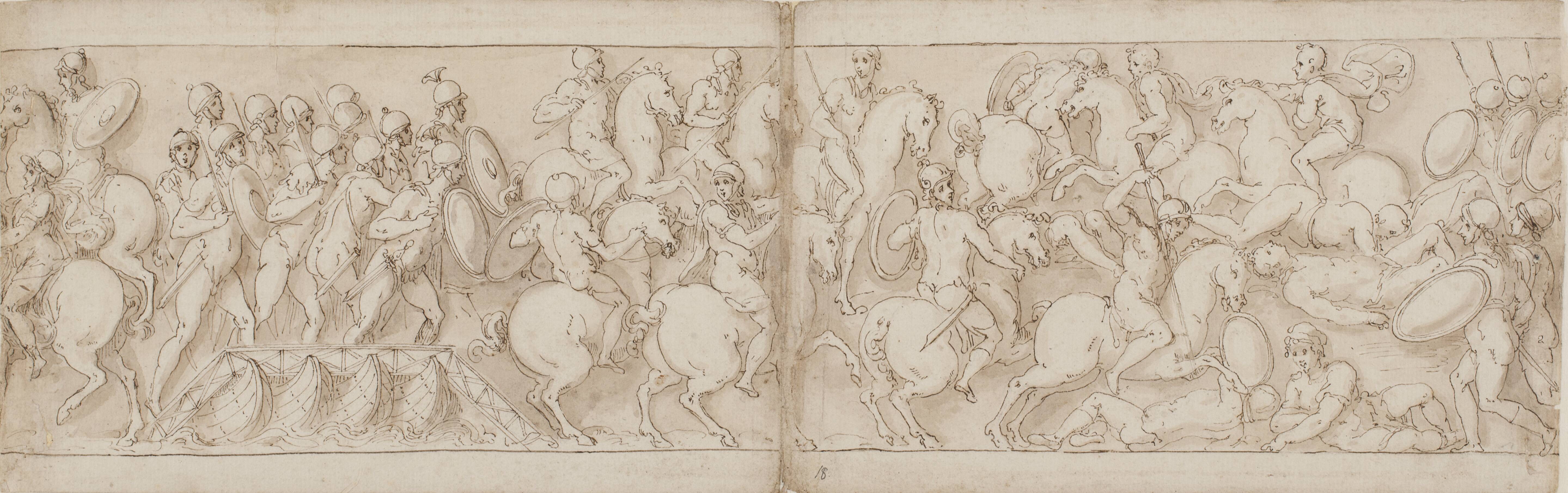 Marcus Aurelius sets out over a wharf with infantry and cavalry (CVIII); the Sarmatians are repulsed by advancing Romans (CIX)