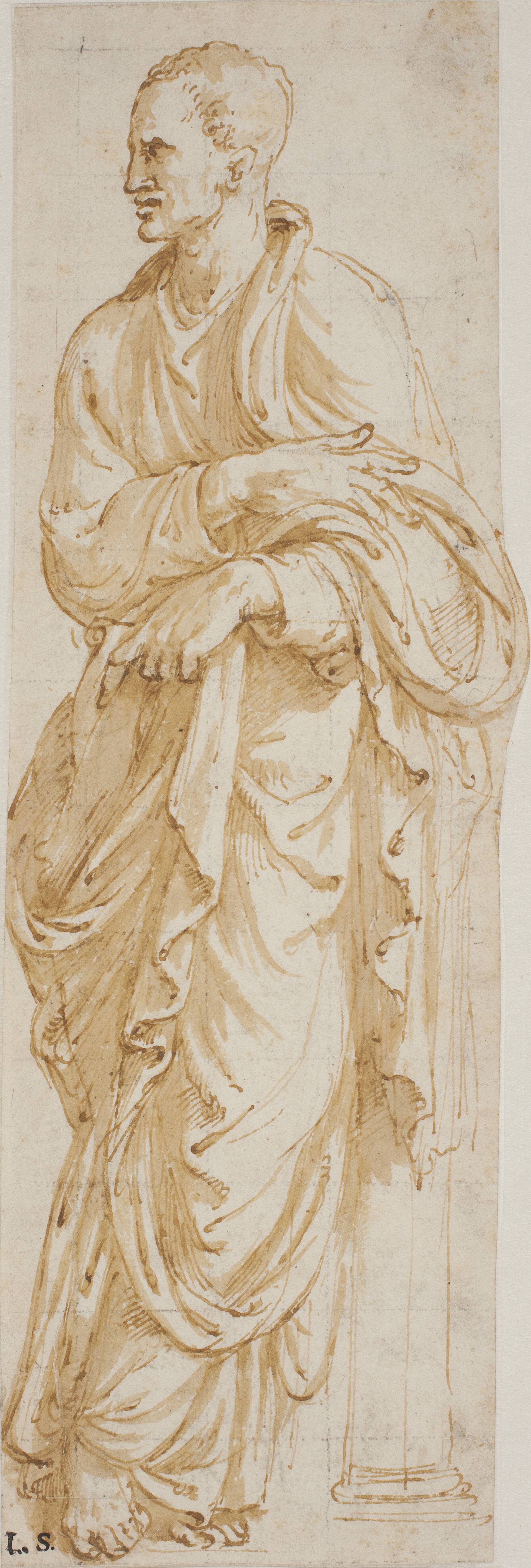 Standing philosopher leaning against a column