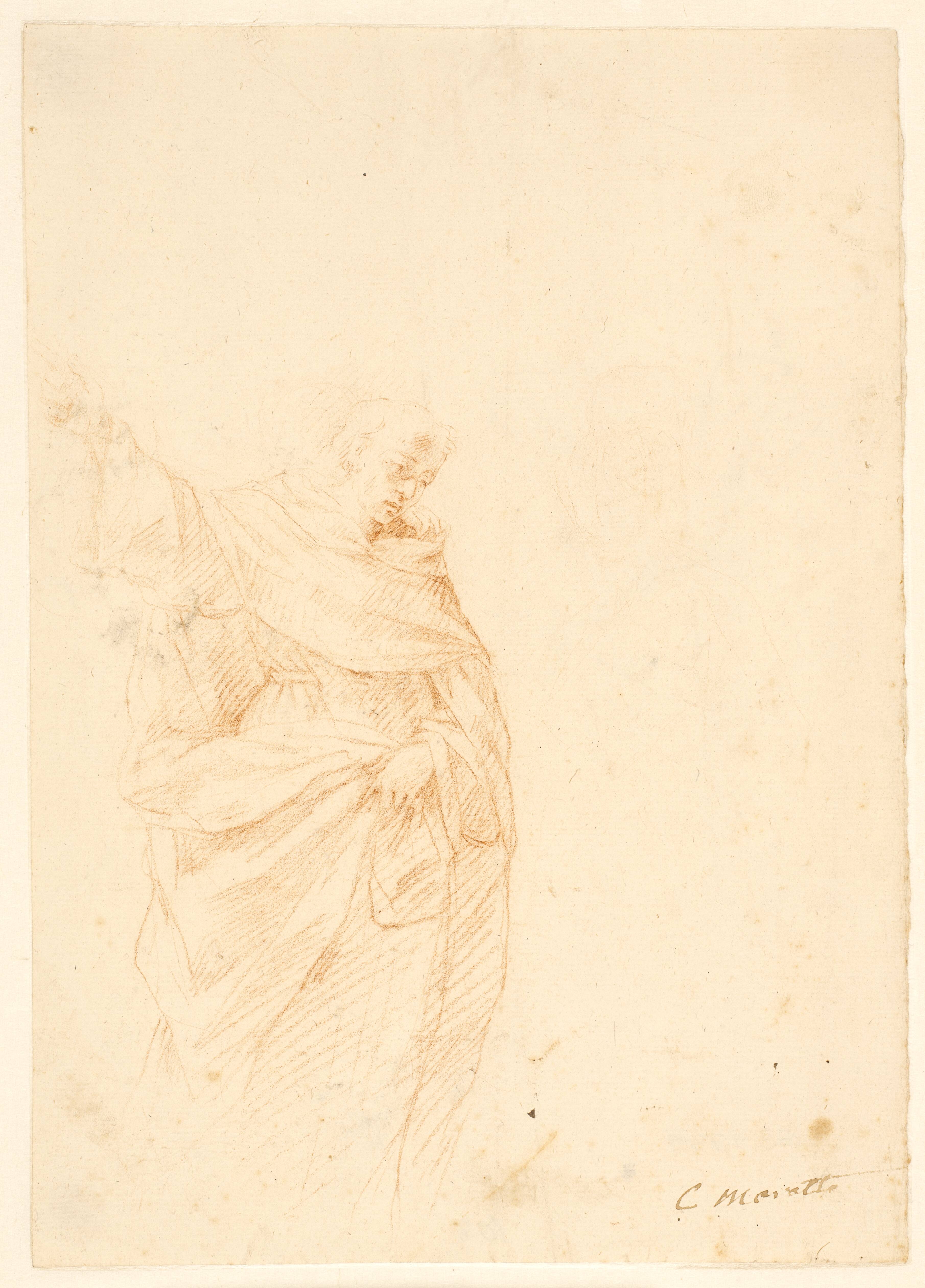 Clerical saint pointing upwards