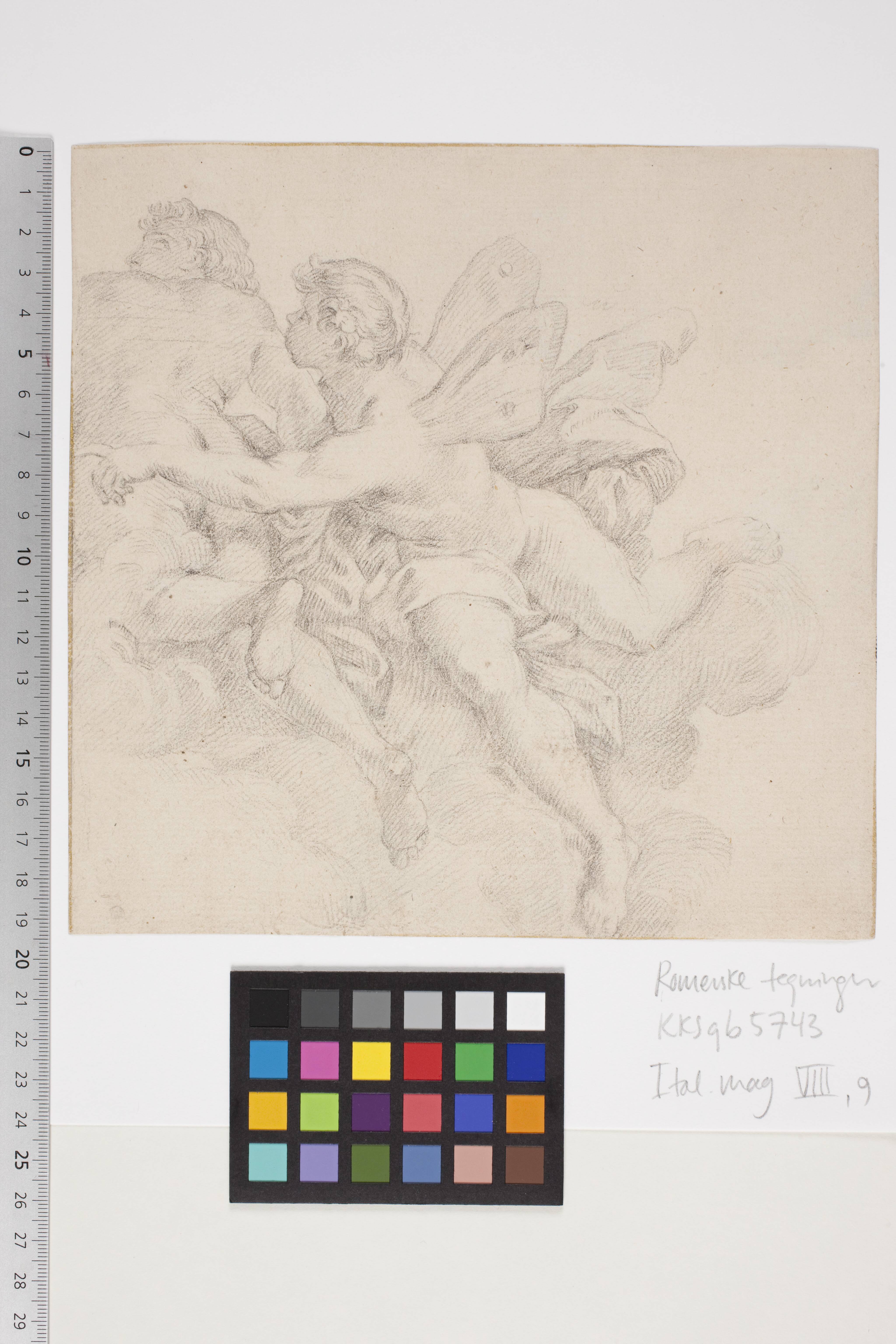 Two figures in the clouds, one of them possibly an allegory of a wind