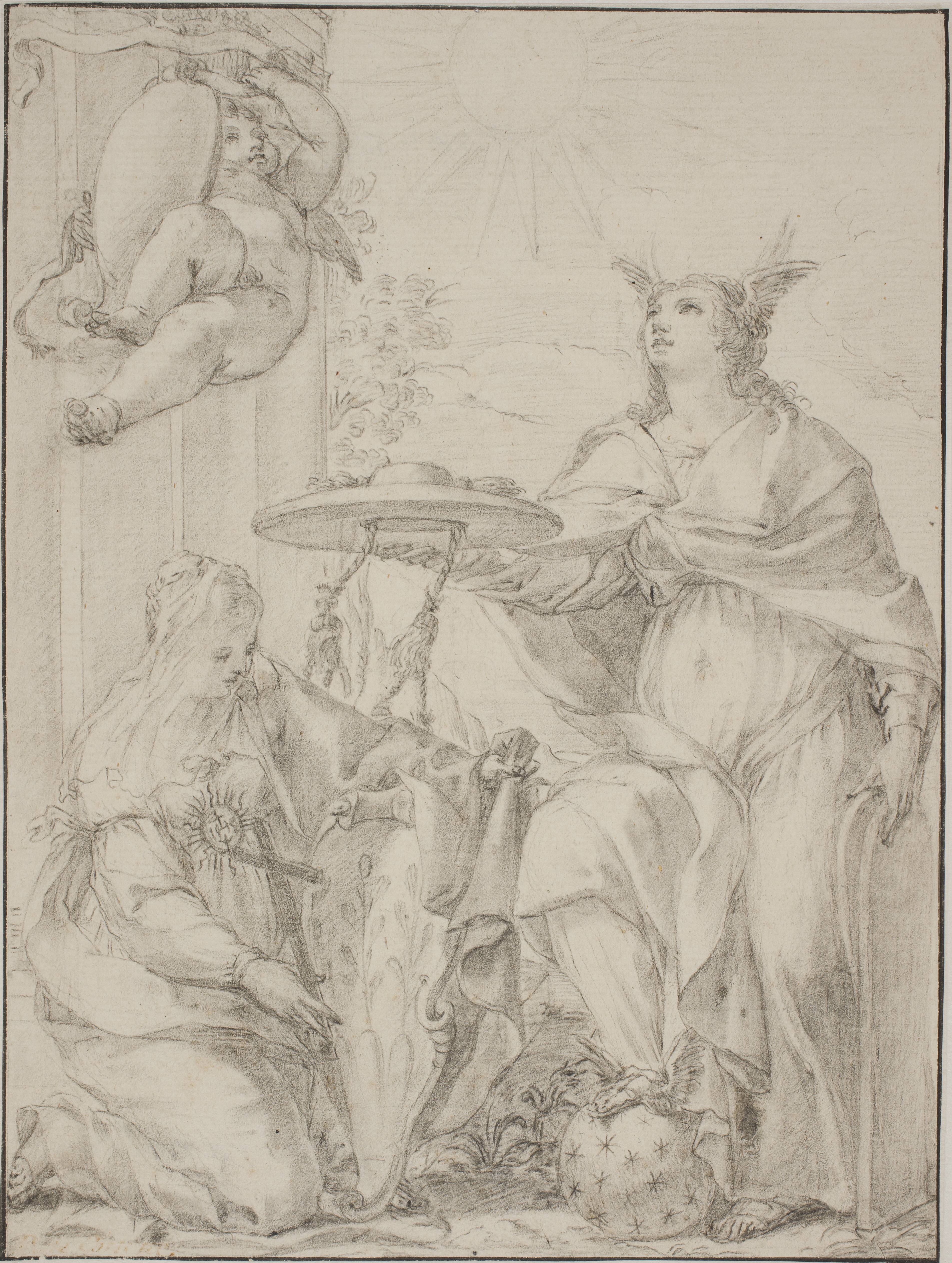 Allegory with two female figures, one representing Faith holding a coat of arms